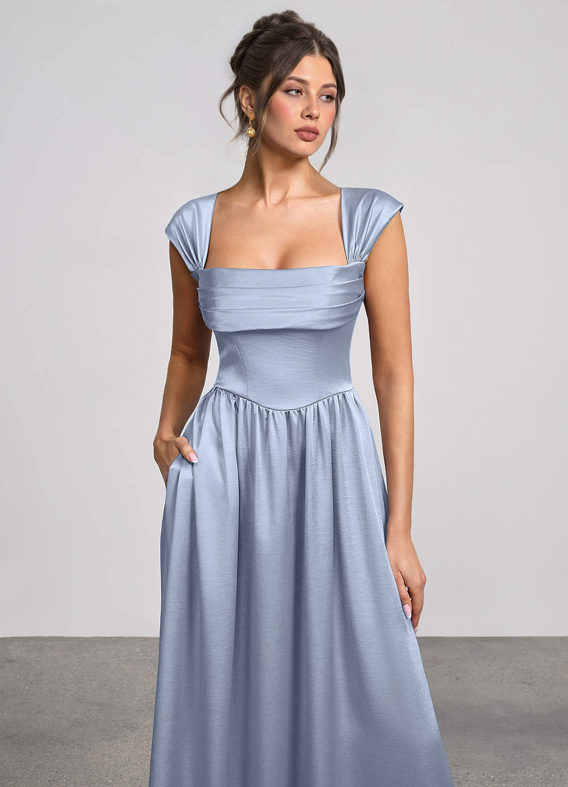 Odette A-Line Corset Luminous Satin Evening Dress in dusty blue