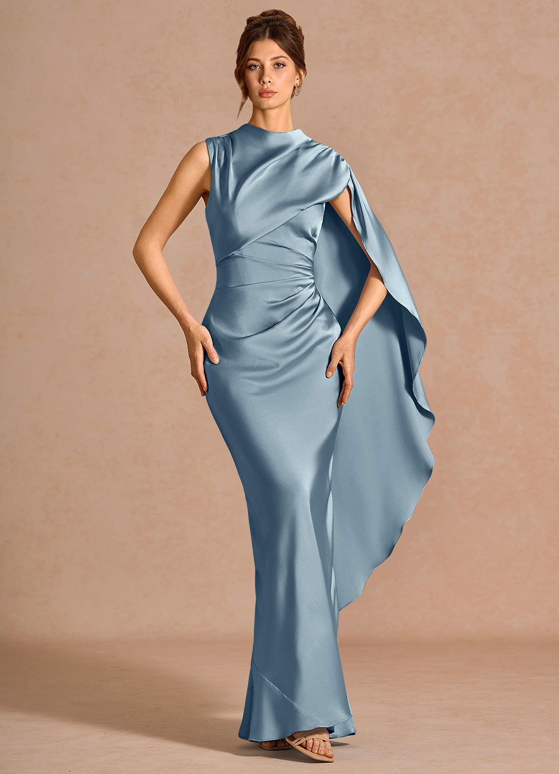 Chesney Cape-Sleeve Pleated Stretch Satin Wedding Guest Dress in Dusty Blue