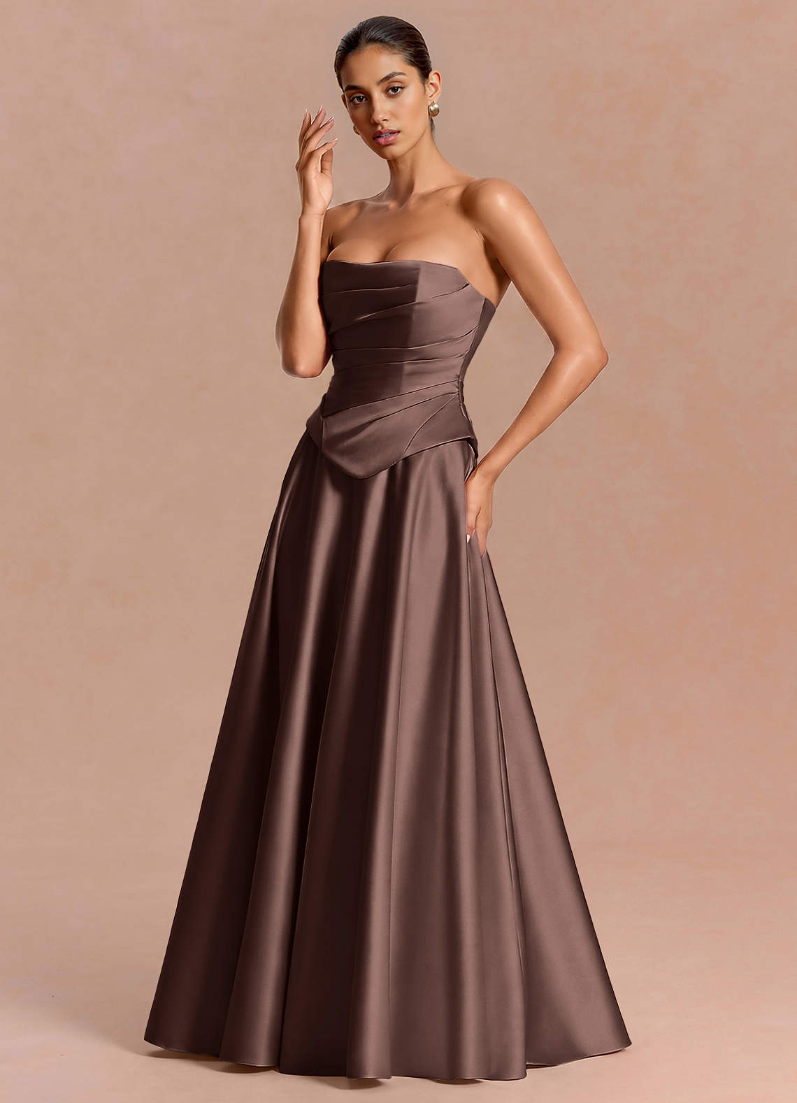 Eponine A-Line Pleated Stretch Satin Evening Dress in Truffle