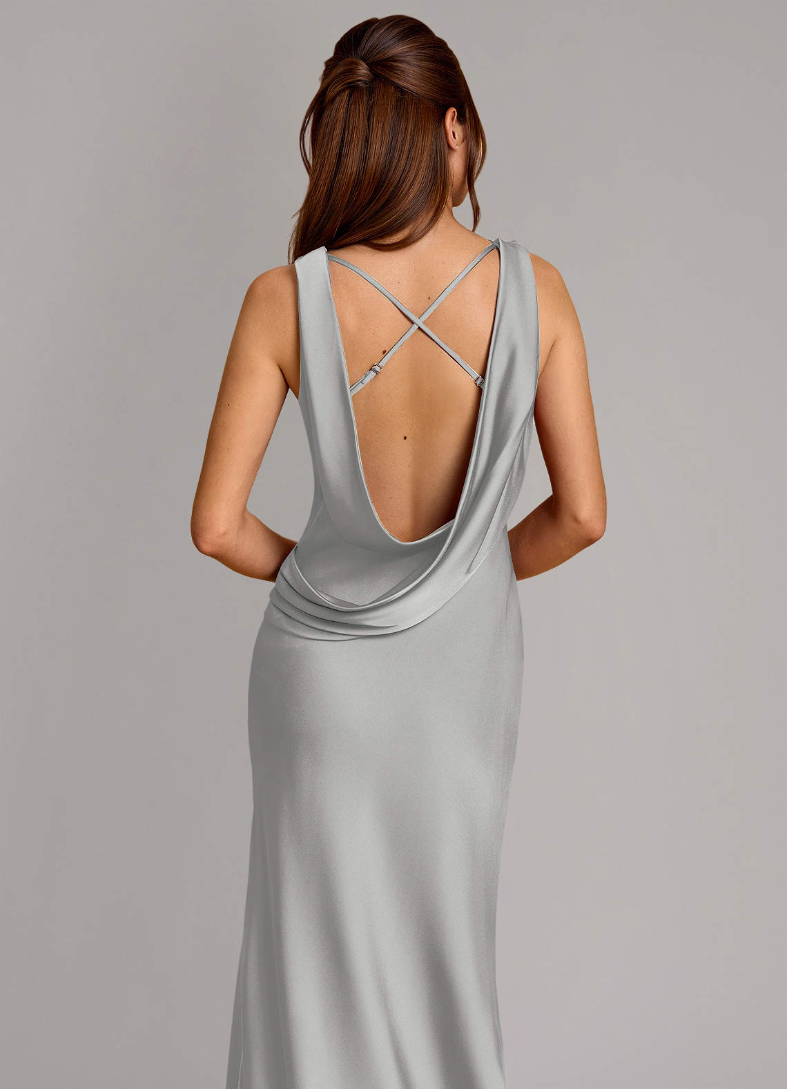 Cheryl Mermaid Cowl-Neck Stretch Satin Bridesmaid Dress in Silver