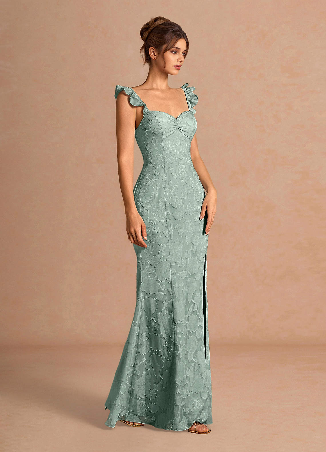 Romilly Mermaid Ruffled Chiffon Burnout Evening Dress in Agave Green