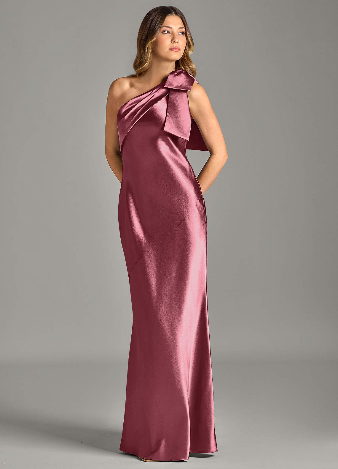Yuanna Mermaid One-Shoulder Metallic Satin Bridesmaid Dress in Desert Rose