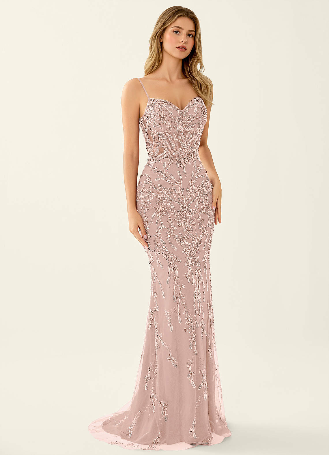 Zivah Mermaid V-Neck Beaded Stretch Mesh Evening Dress in Burgundy