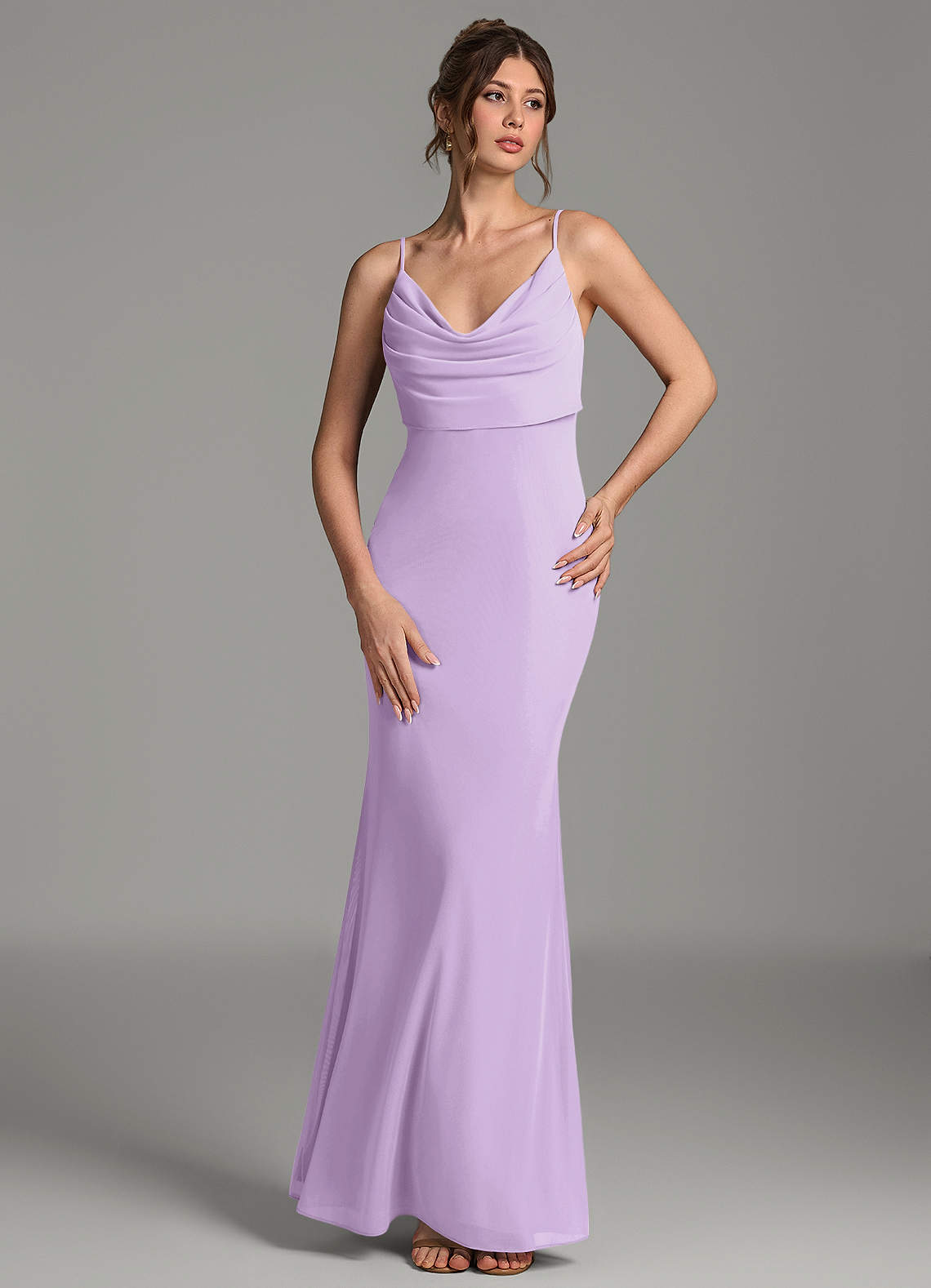 Zari Mermaid Cowl-Neck Mesh Bridesmaid Dress in Lilac