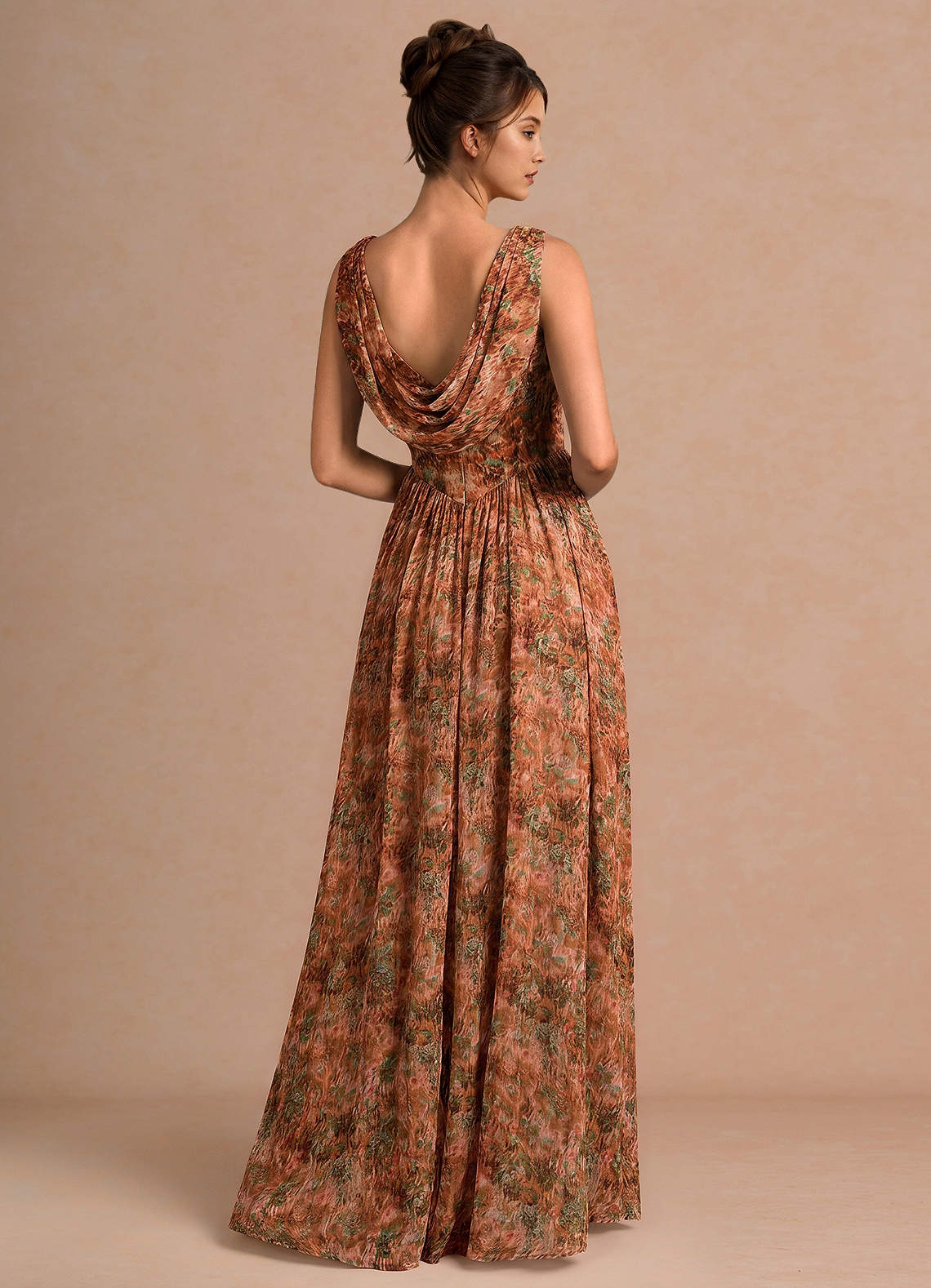 Aurore A-Line Cowl-Neck Chiffon Wedding Guest Dress in Orange Floral