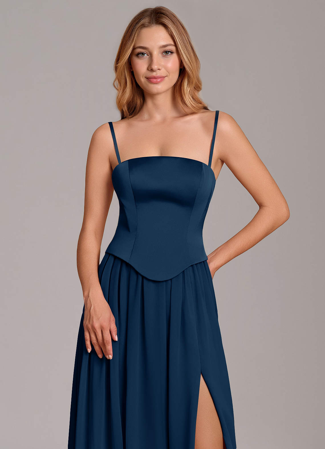Cadence A-Line Strapless Chiffon and Stretch Satin Bridesmaid Dress in Dark Navy