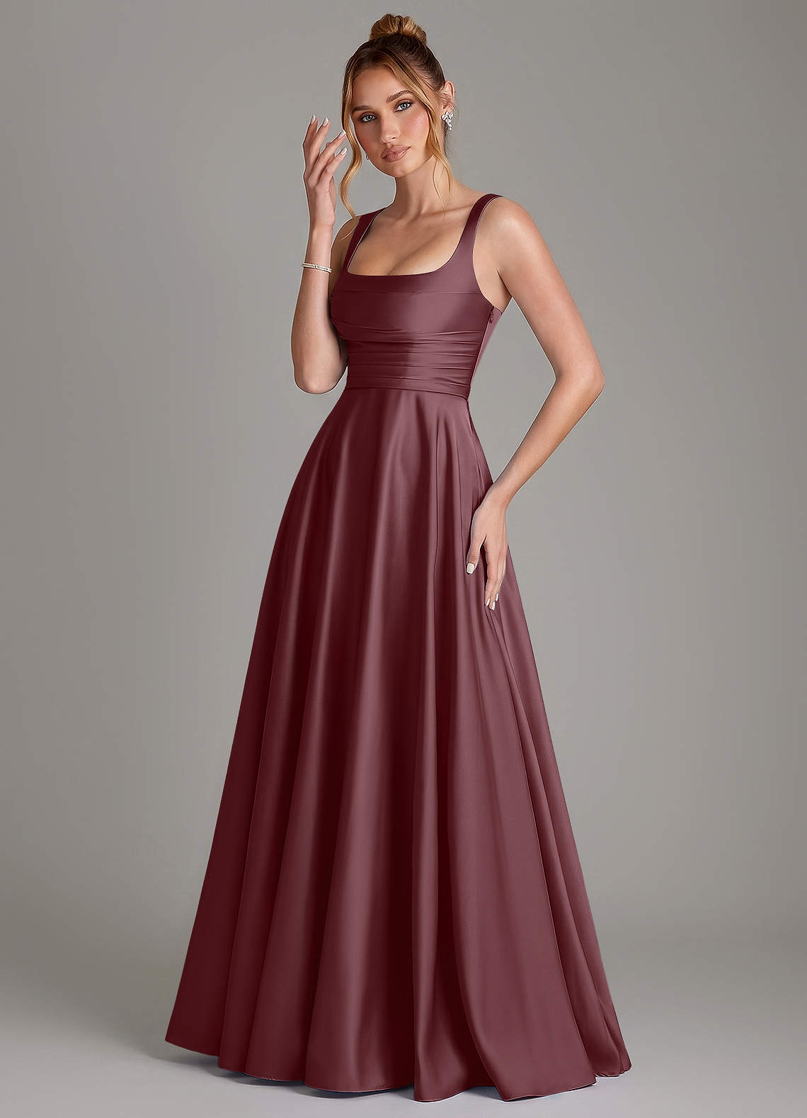 Azaria A-Line Square-Neck Stretch Satin Bridesmaid Dress in Sangria