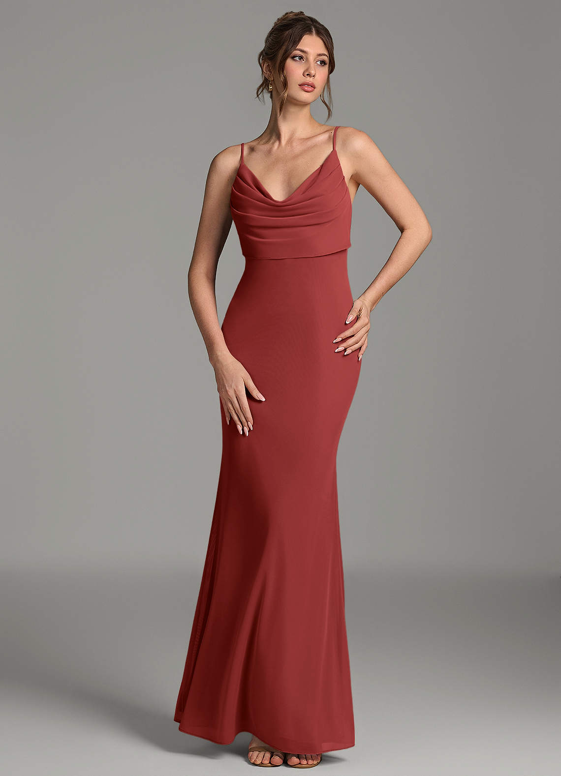 Zari Mermaid Cowl-Neck Mesh Bridesmaid Dress in Rust