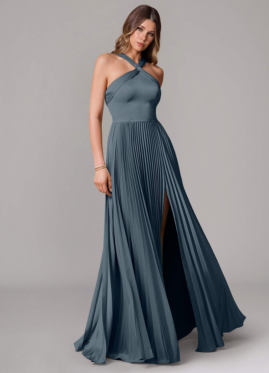 Afra A-Line Halter-Neck Stretch Satin Bridesmaid Dress in Twilight