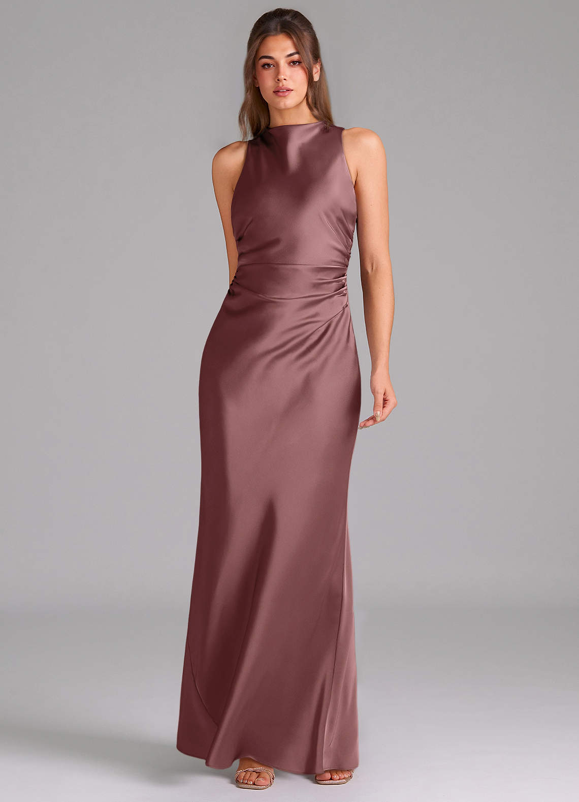 Evadne Sheath Scoop-Neck Stretch Satin Bridesmaid Dress in Vintage Mauve