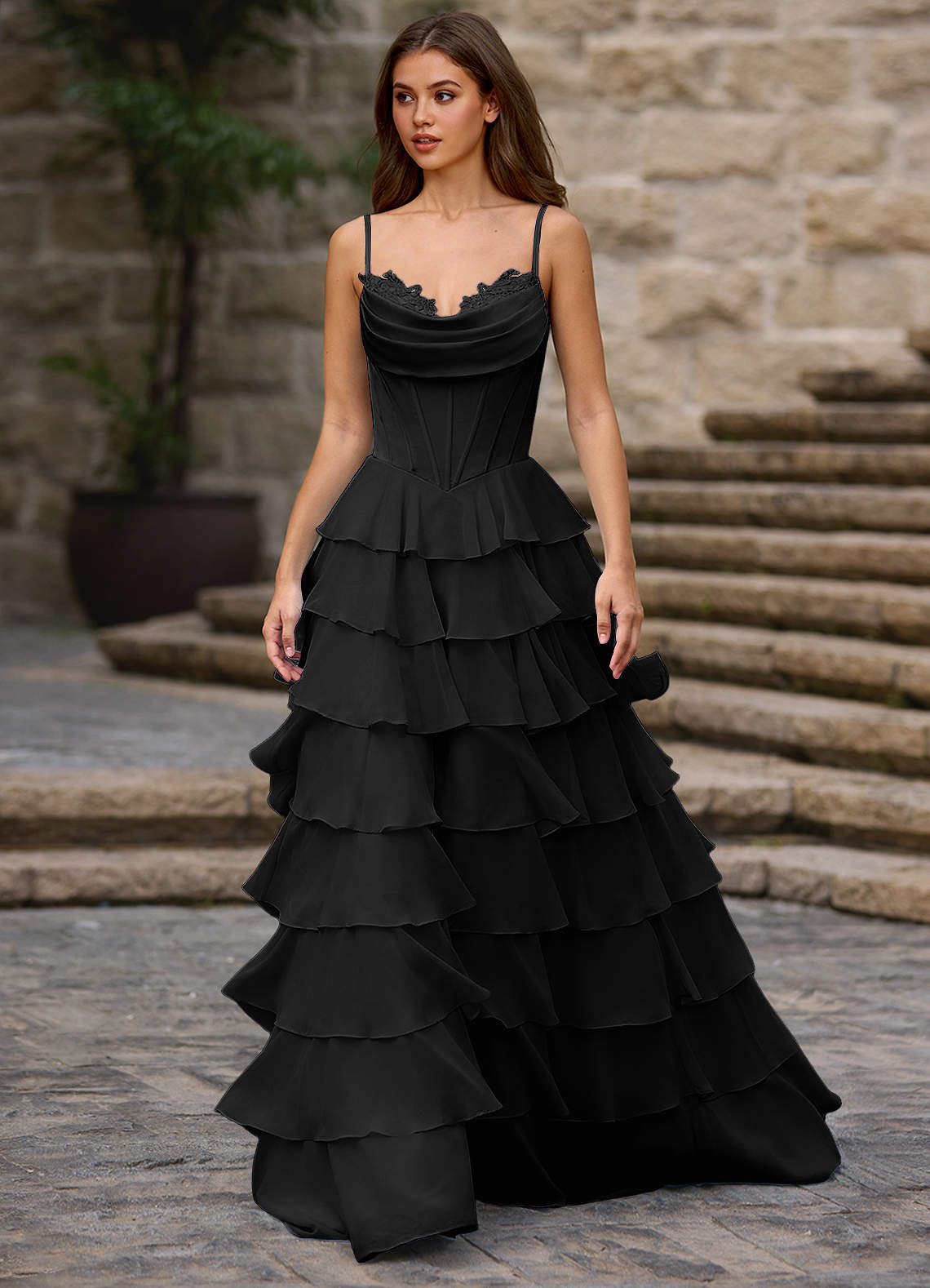Floralace A-Line Ruffle Chiffon Evening Dress in black