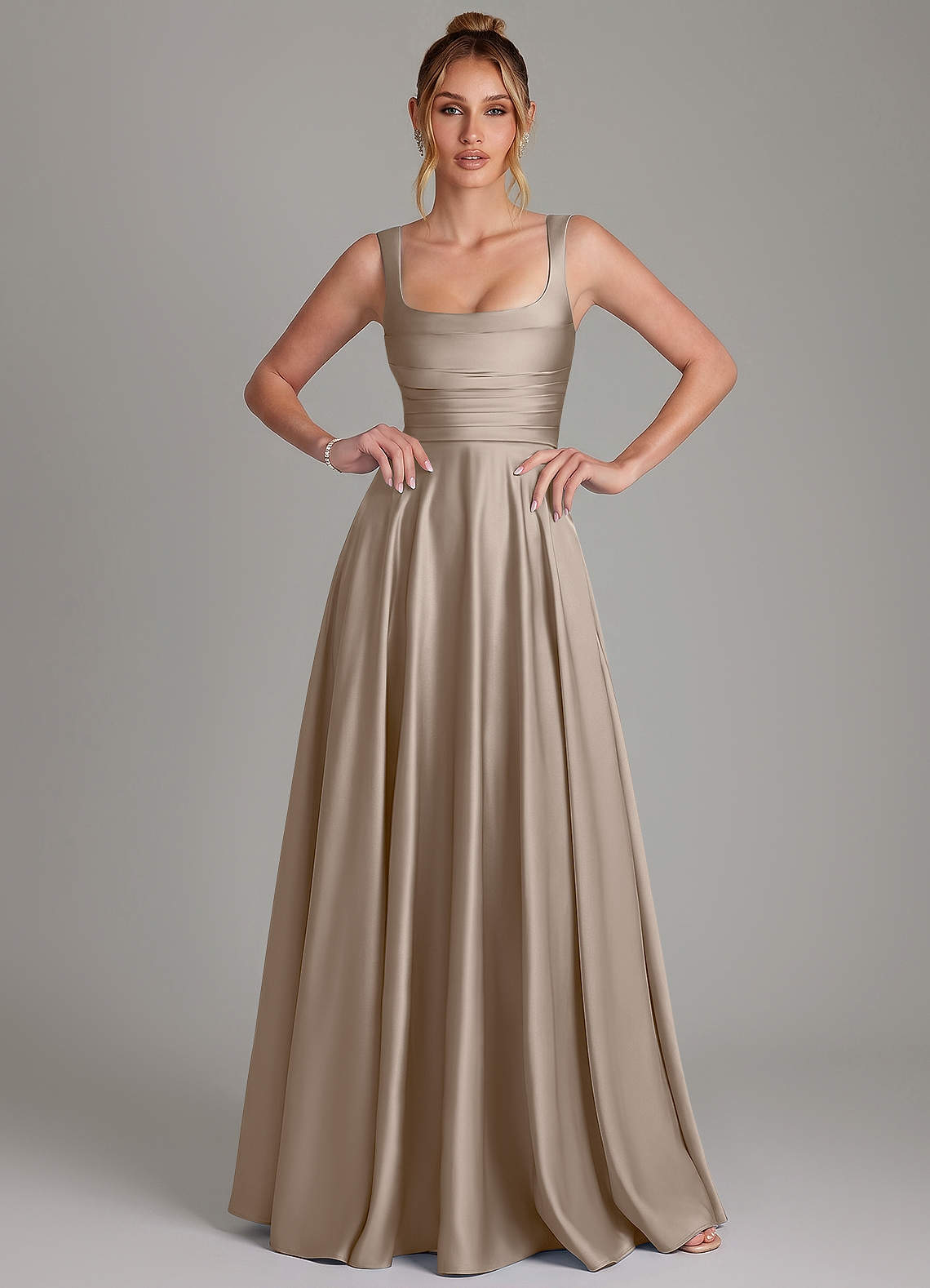 Azaria A-Line Square-Neck Stretch Satin Bridesmaid Dress in Taupe