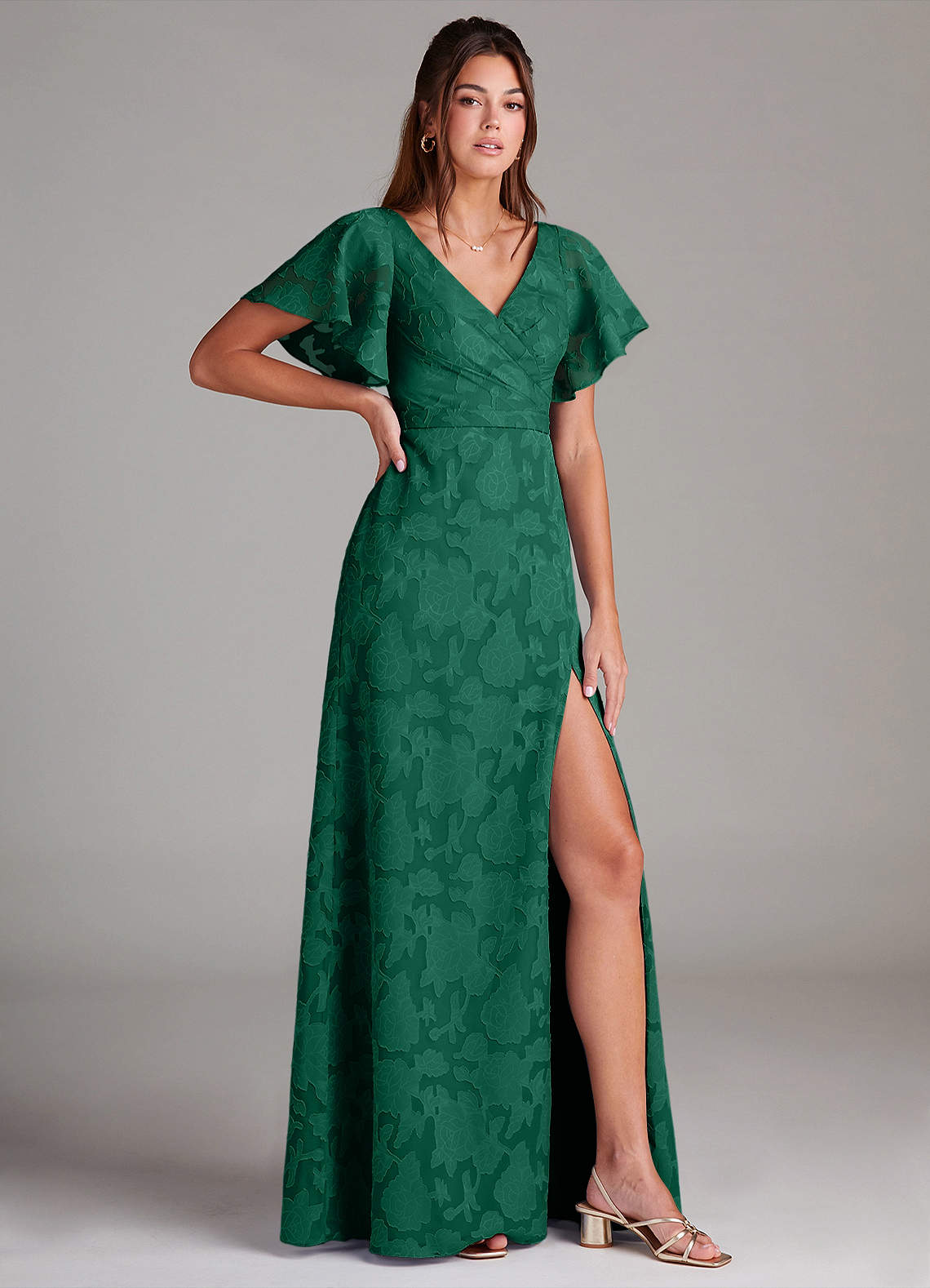 Ambrosia A-Line V-Neck Floral Burnout Bridesmaid Dress in Emerald