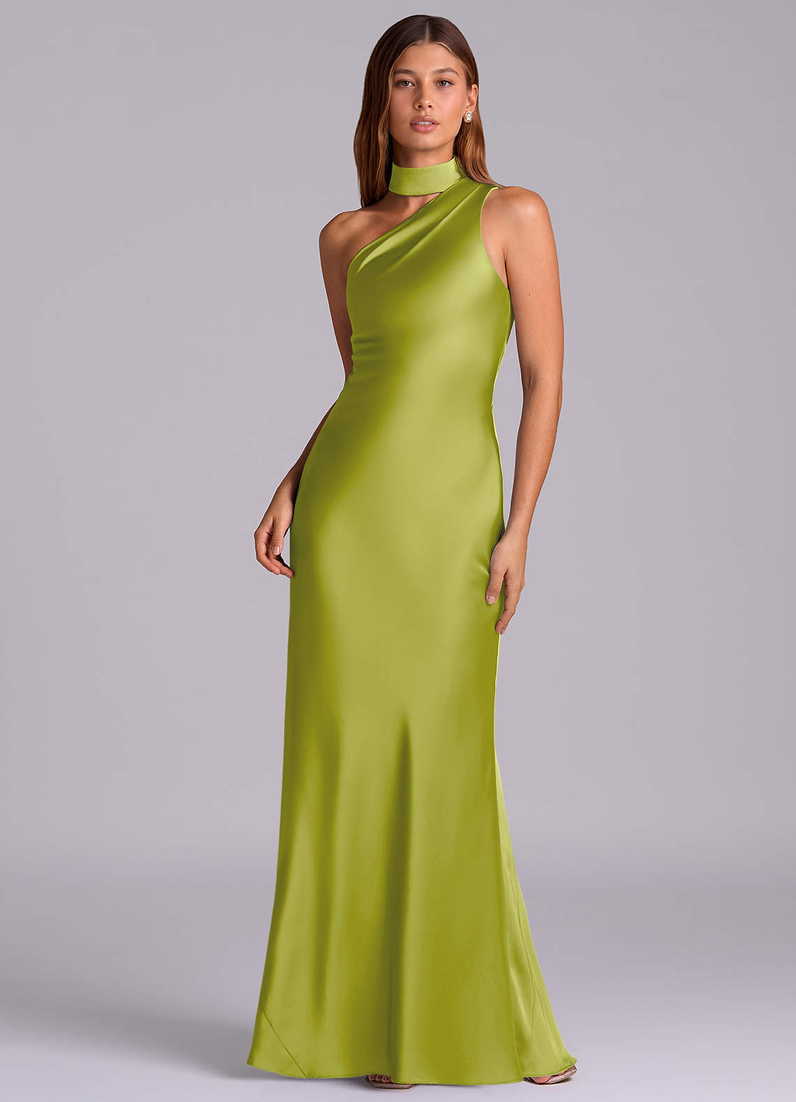 Seona Mermaid One-Shoulder Stretch Satin and Tulle Bridesmaid Dress in Lemongrass