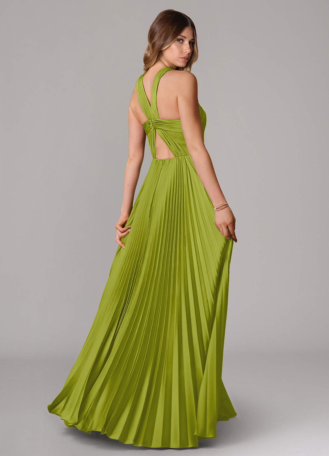 Afra A-Line Halter-Neck Stretch Satin Bridesmaid Dress in Lemongrass