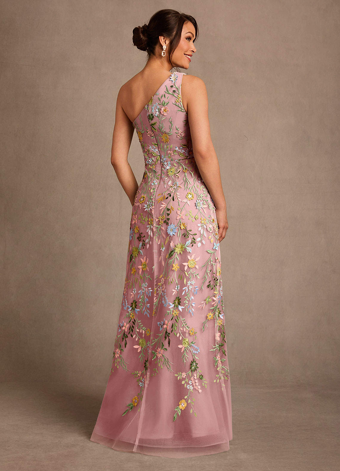 Bertie A-Line One-Shoulder Lace Mother of the Bride Dress in Dusty Rose