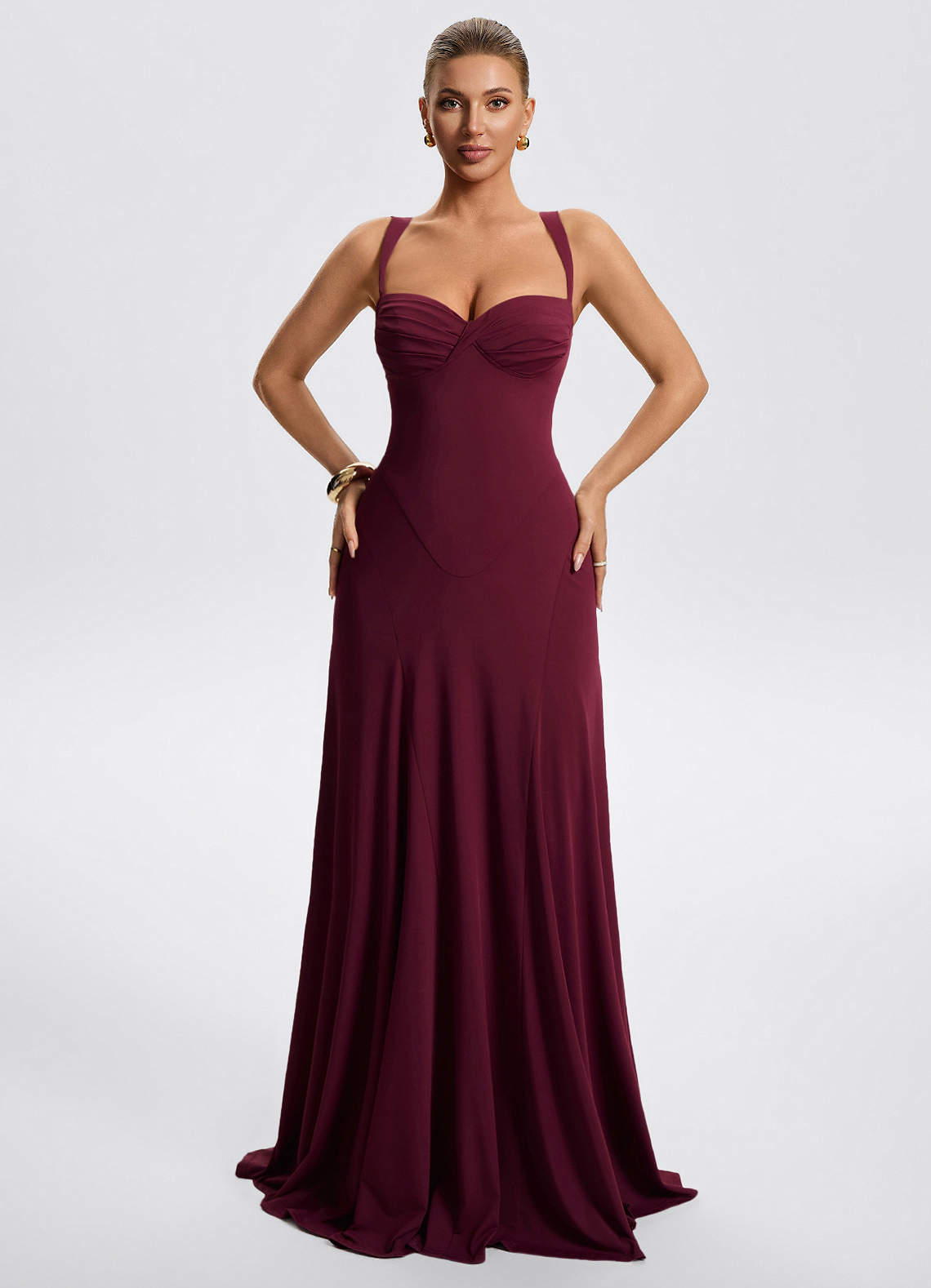 Zephira Fitted Sweetheart Godet Stretch Jersey Wedding Guest Dress in Cabernet