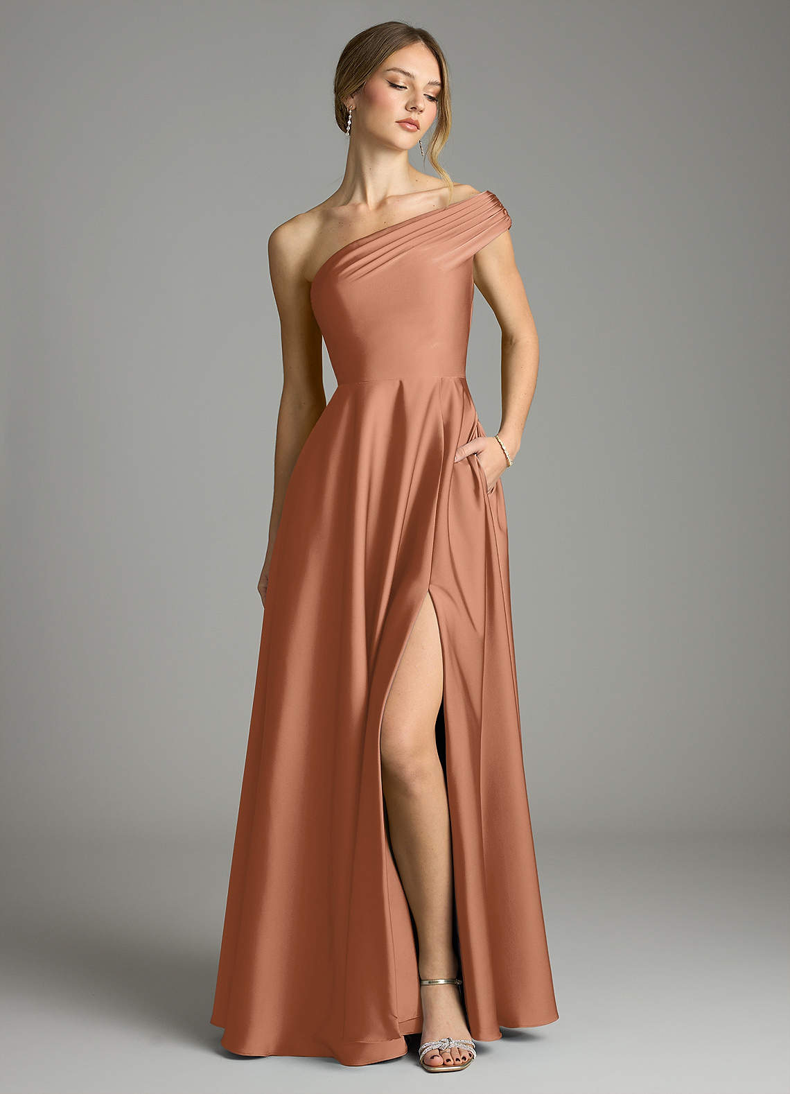 Melanie A-Line One-Shoulder Stretch Satin Bridesmaid Dress in Bronzer
