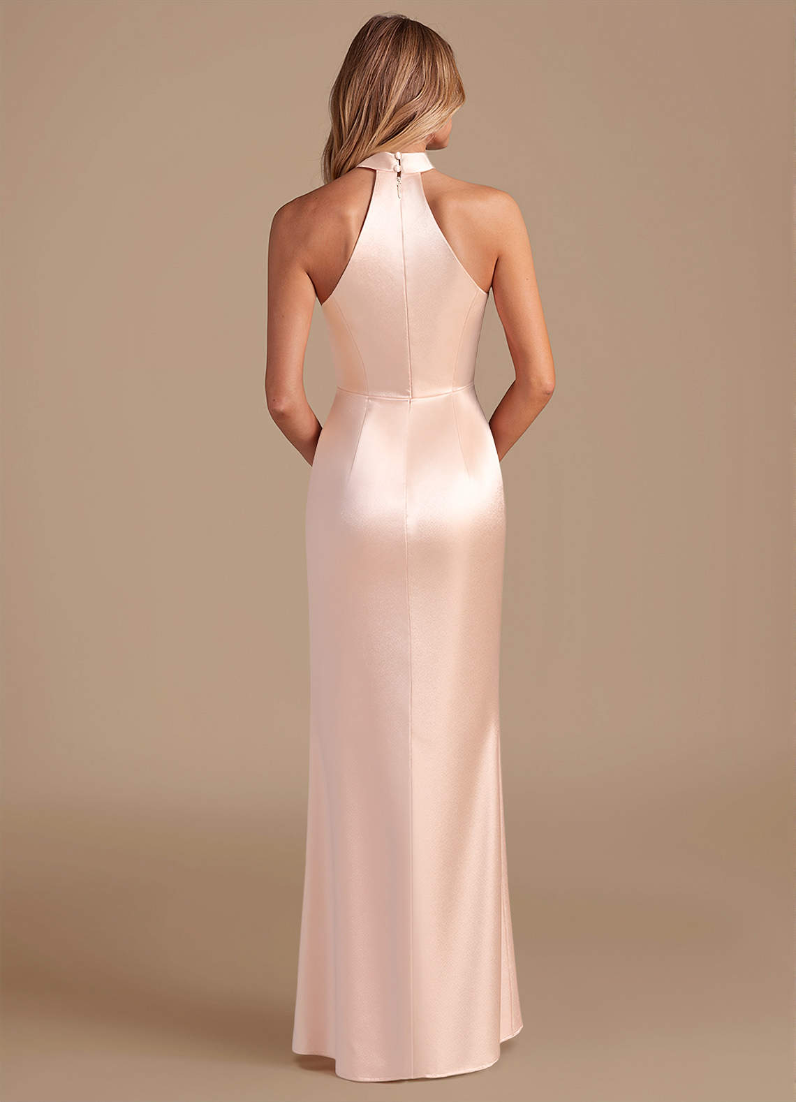 Karlotta Sheath Halter-Neck Metallic Satin Bridesmaid Dress in rose gold