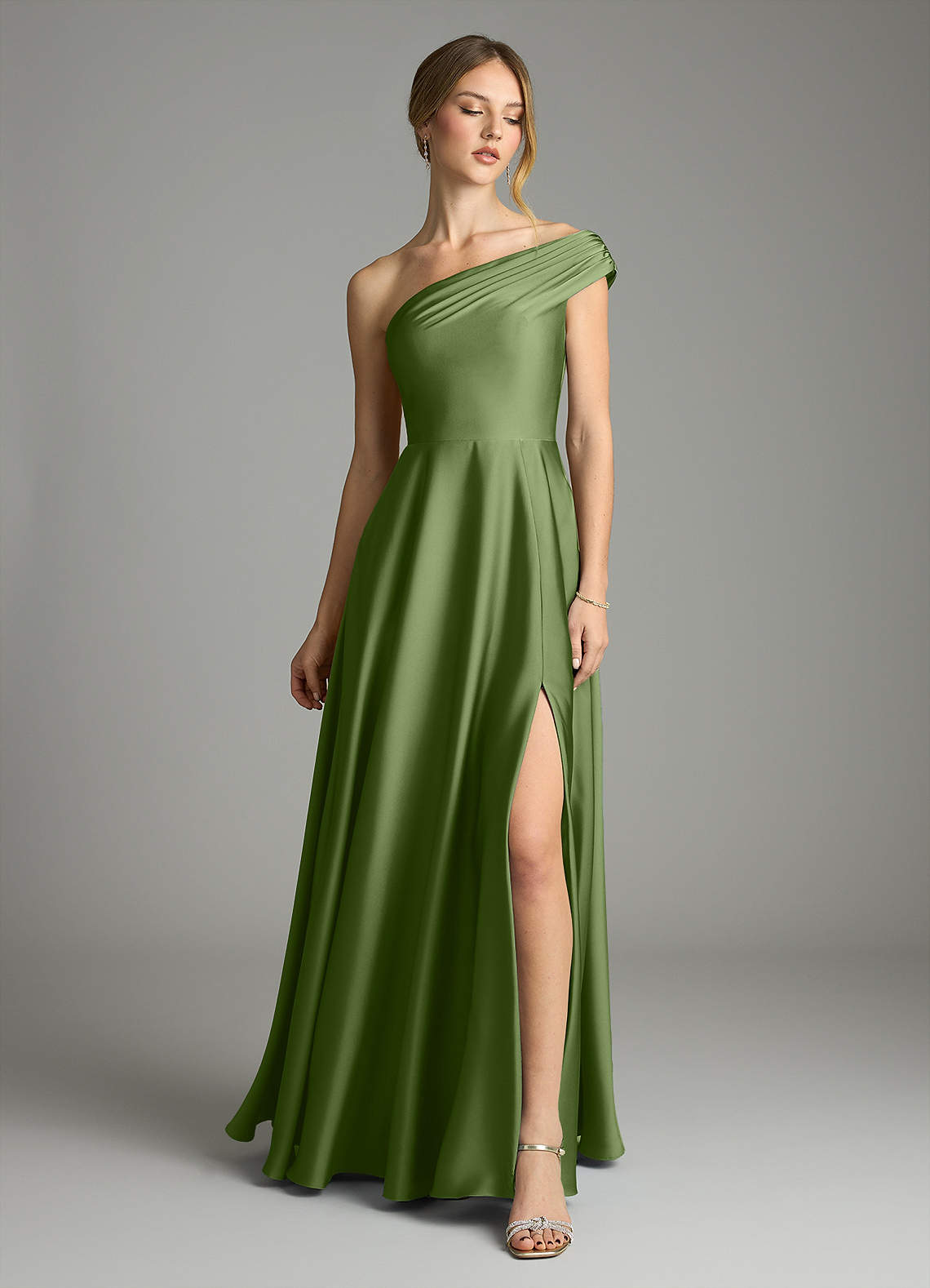 Melanie A-Line One-Shoulder Stretch Satin Bridesmaid Dress in Juniper