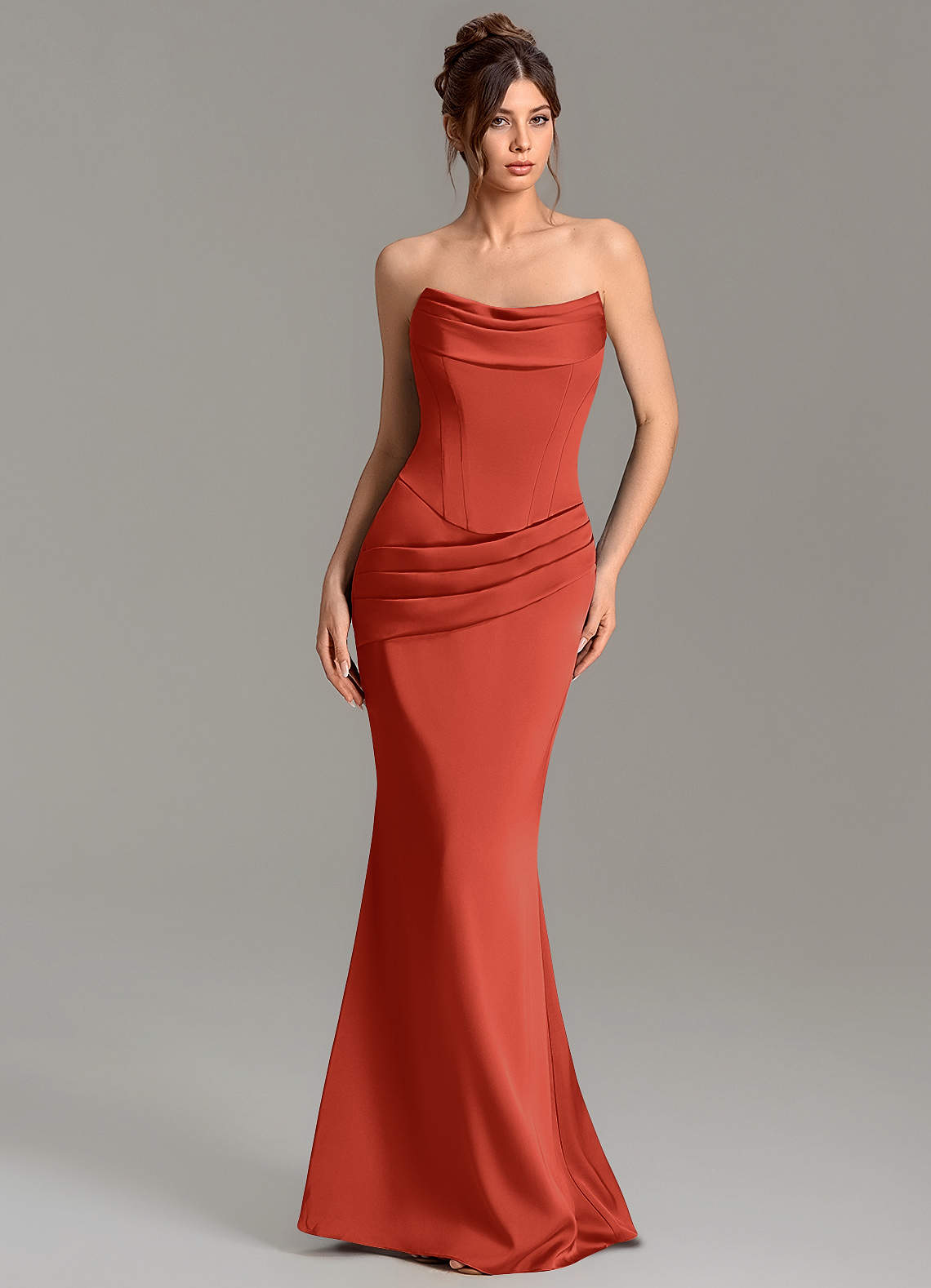 Adrienne Mermaid Cowl-Neck Stretch Satin Bridesmaid Dress in Rust