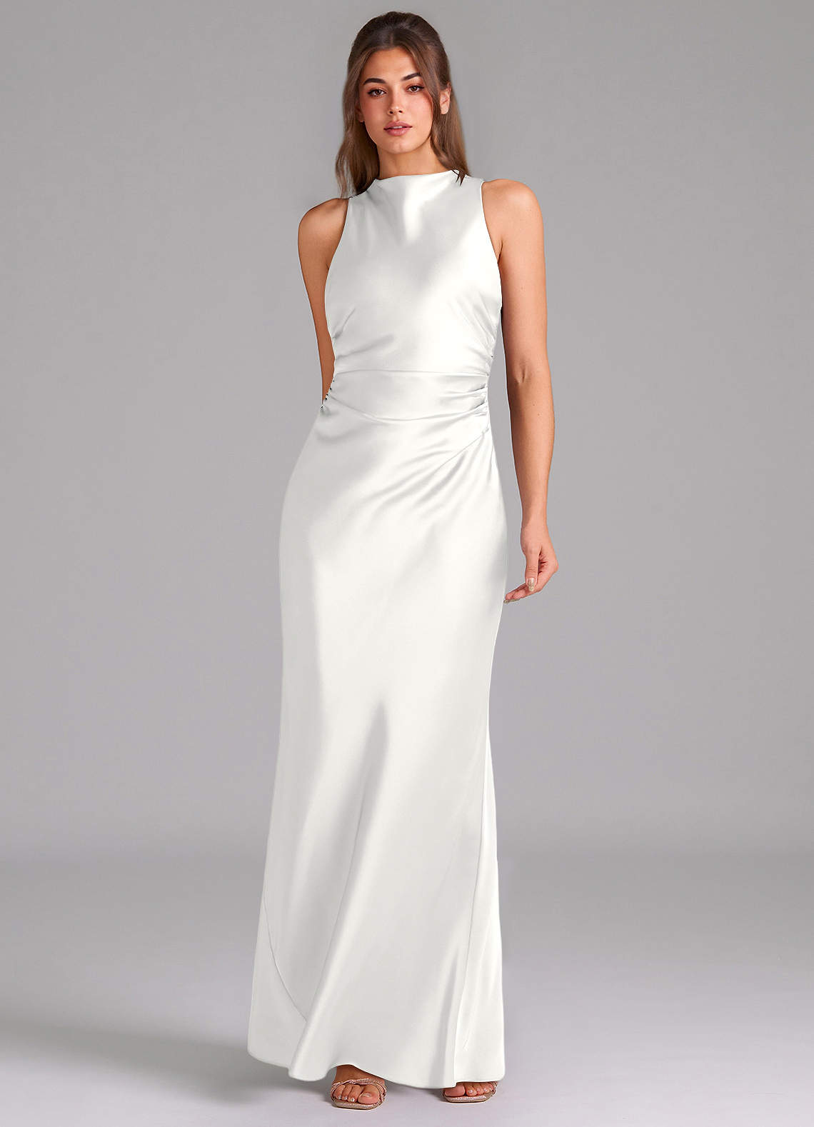 Evadne Sheath Scoop-Neck Stretch Satin Bridesmaid Dress in white