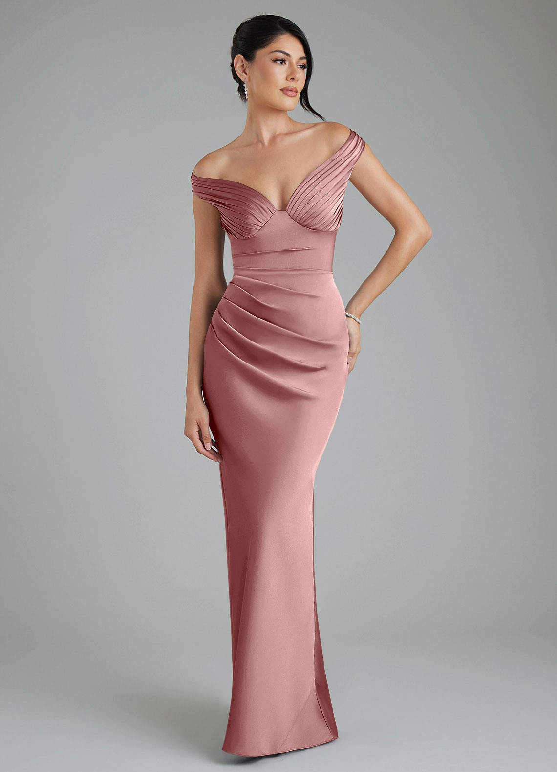 Stella Sheath V-Neck Stretch Satin Bridesmaid Dress in dusty rose
