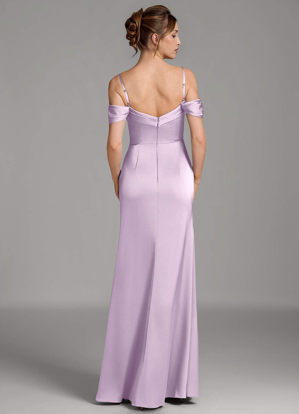 Wyatt Mermaid Off-the-Shoulder Stretch Satin Bridesmaid Dress in Frosted Lilac