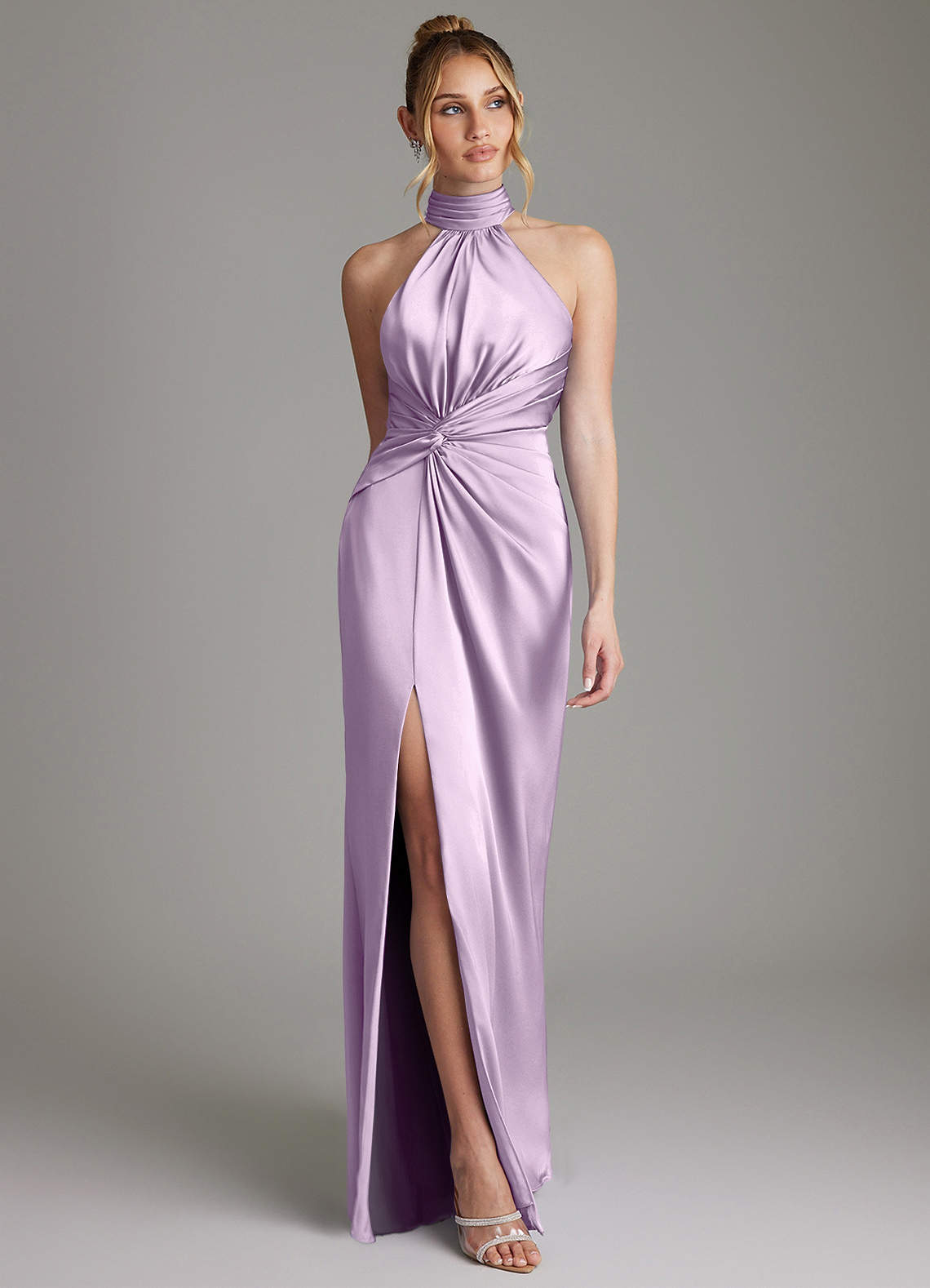Gracelynn Sheath Halter Stretch Satin Bridesmaid Dress in Frosted Lilac