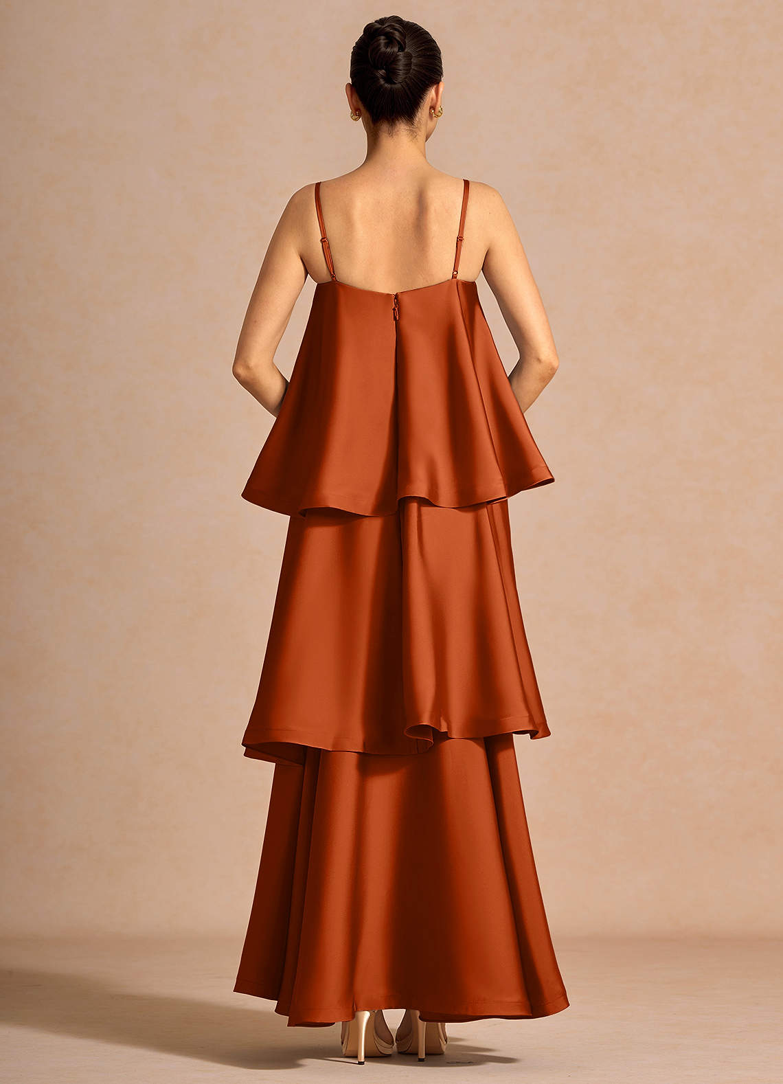 Itasca A-Line Tiered Stretch Satin Wedding Guest Dress in Rust
