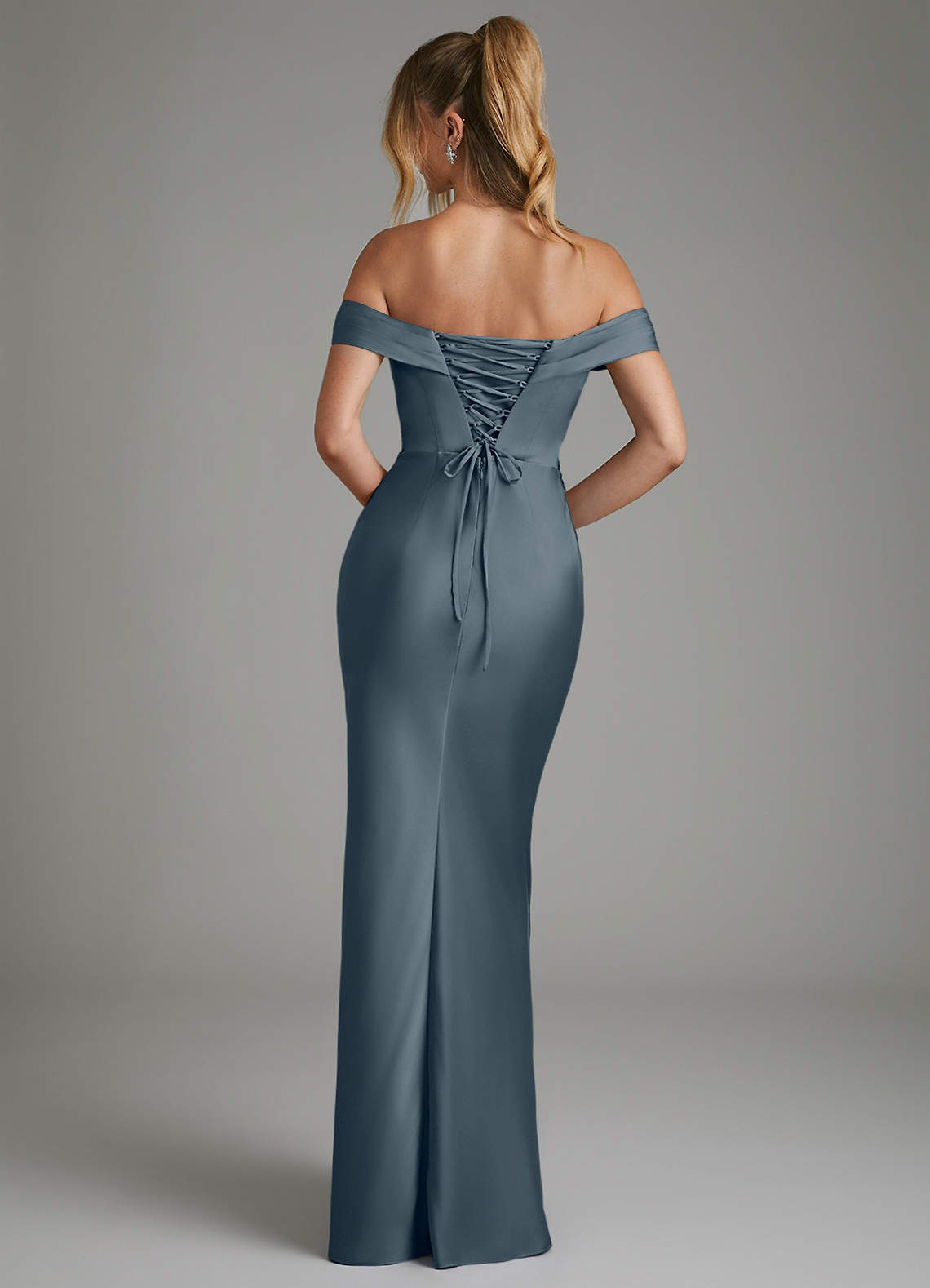 Hayden Mermaid Off-the-Shoulder Stretch Satin Bridesmaid Dress in Twilight