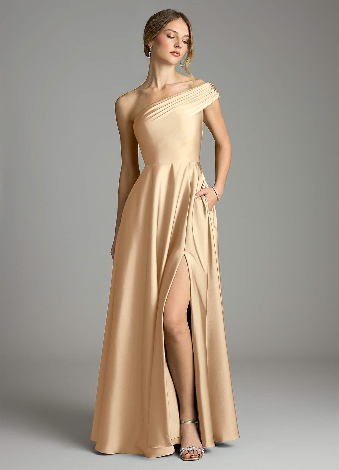 Melanie A-Line One-Shoulder Stretch Satin Bridesmaid Dress in Champagne