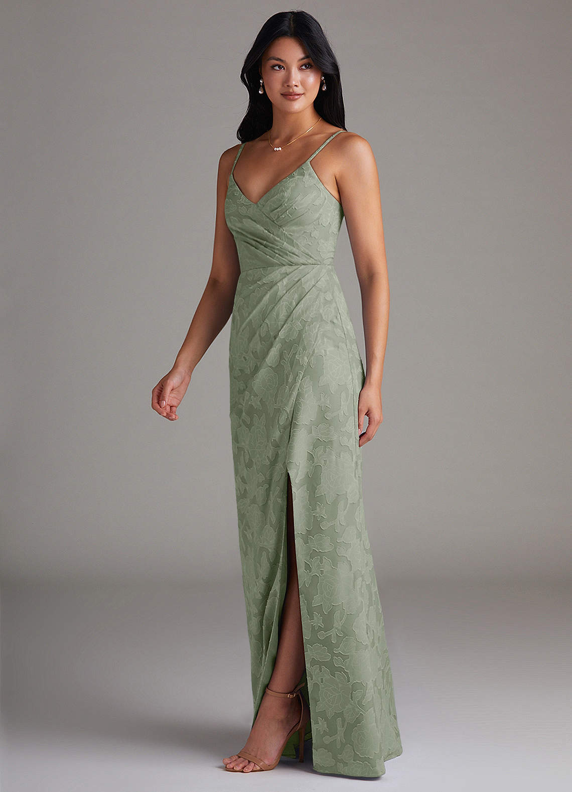 Maci Sheath V-Neck Floral Burnout Bridesmaid Dress in Agave