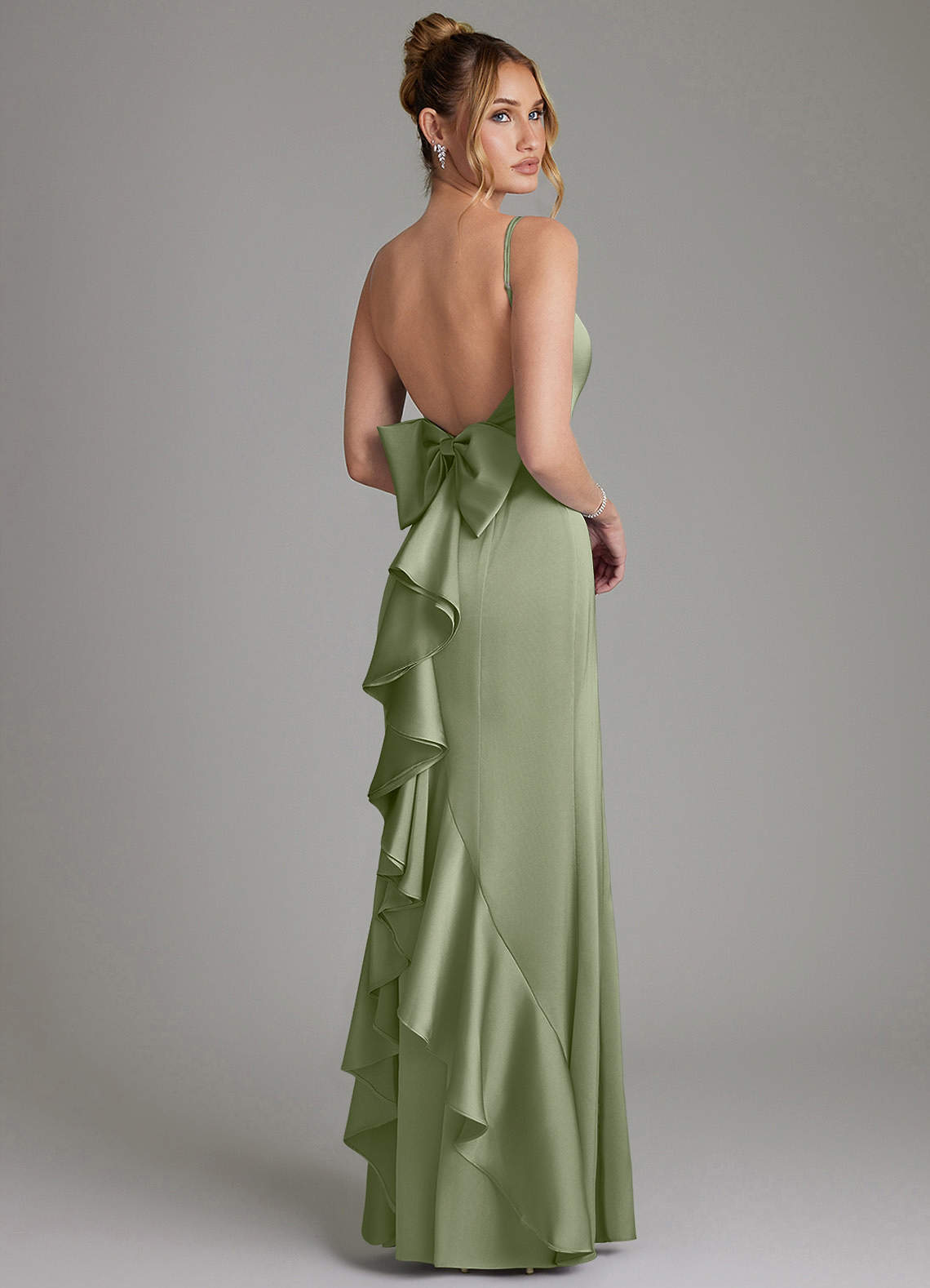 Zherra Mermaid Scoop-Neck Stretch Satin Bridesmaid Dress in Pistachio
