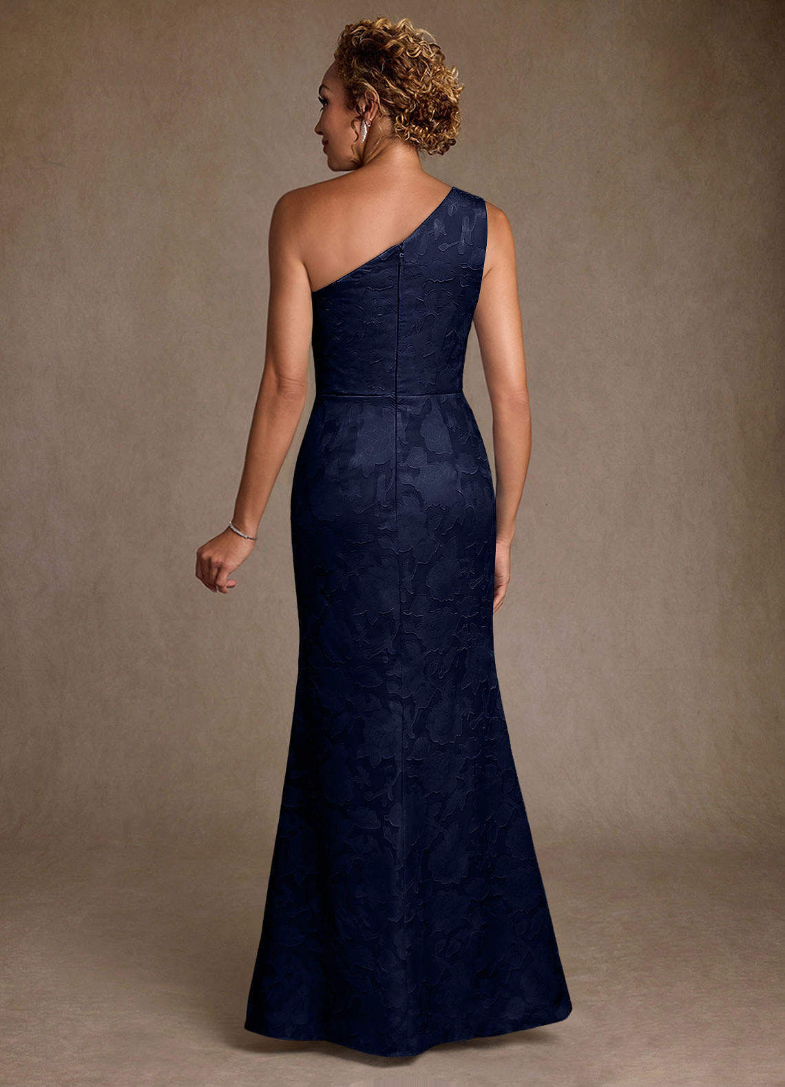 Joylin Trumpet One-Shoulder Floral Burnout Mother of the Bride Dress in Dark Navy