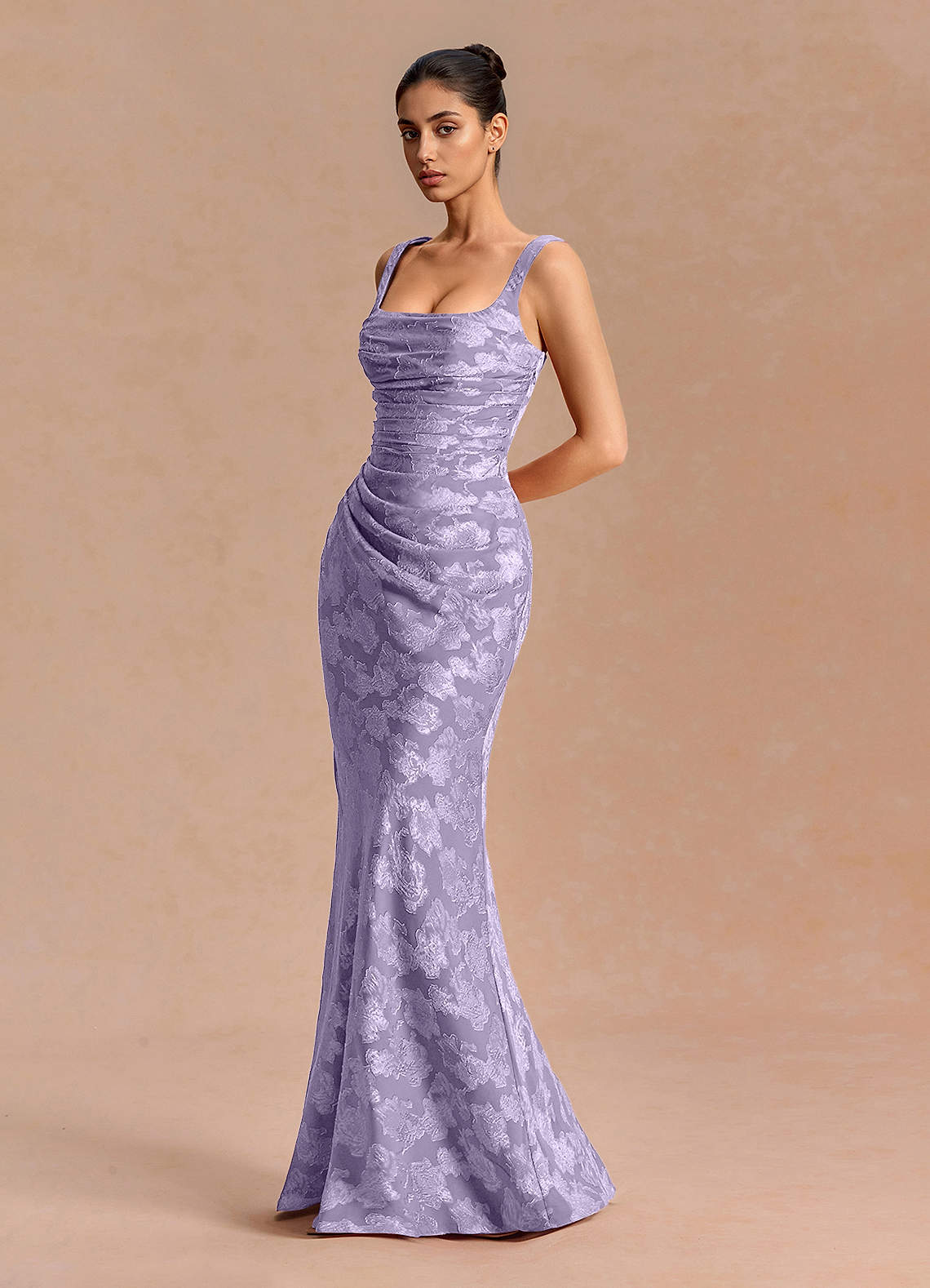 Agustina Square-Neck Pleated Fil Coupé Evening Dress in Lilac