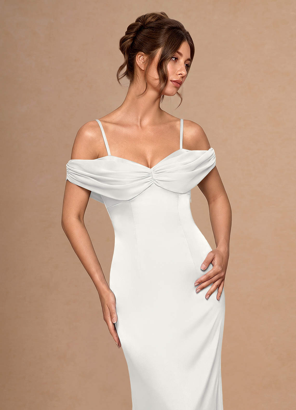 Estelle A-Line Cold-Shoulder Satin Chiffon Evening Dress in White