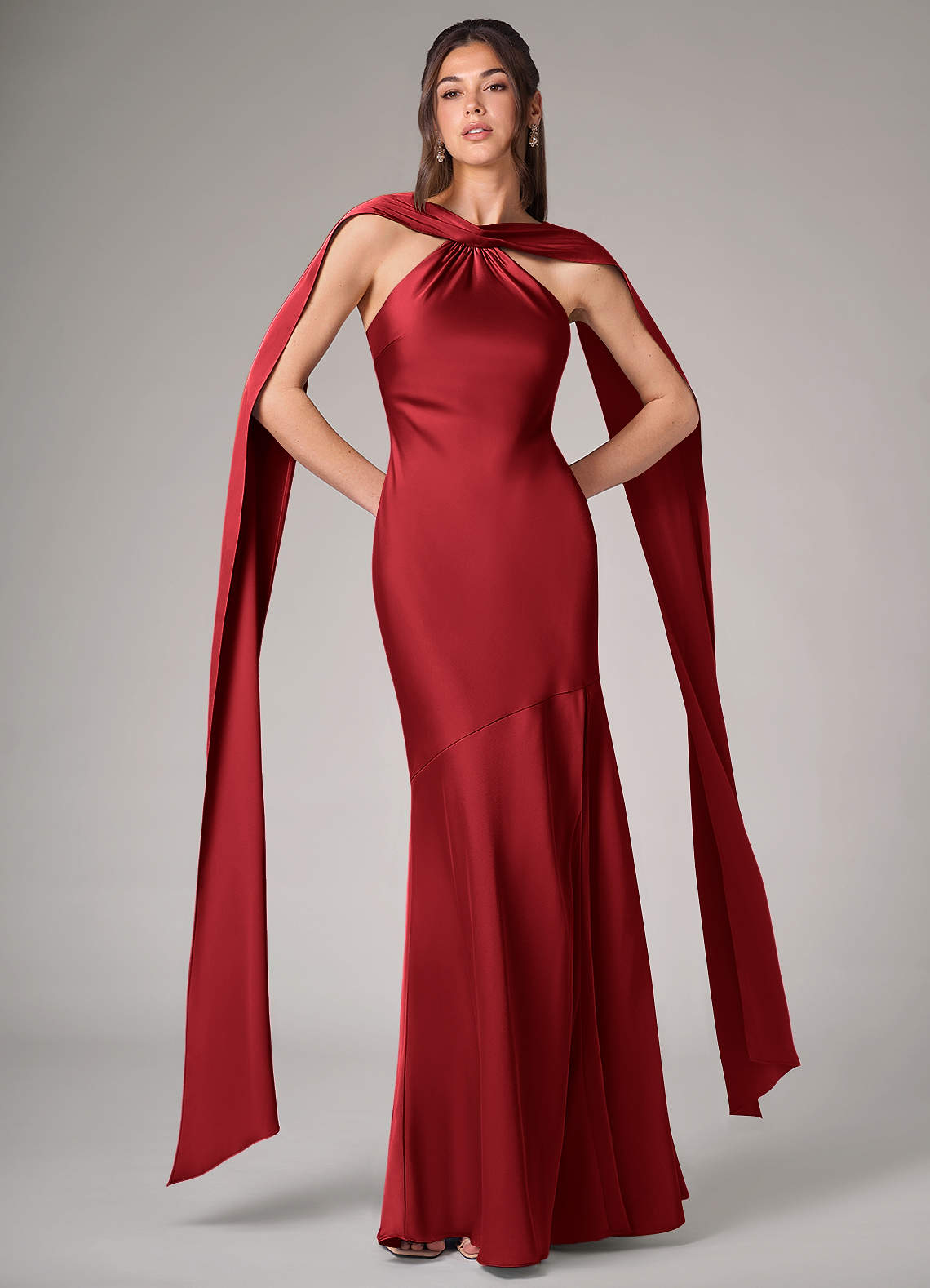Kinsley Mermaid Halter Stretch Satin Bridesmaid Dress in Scarlet