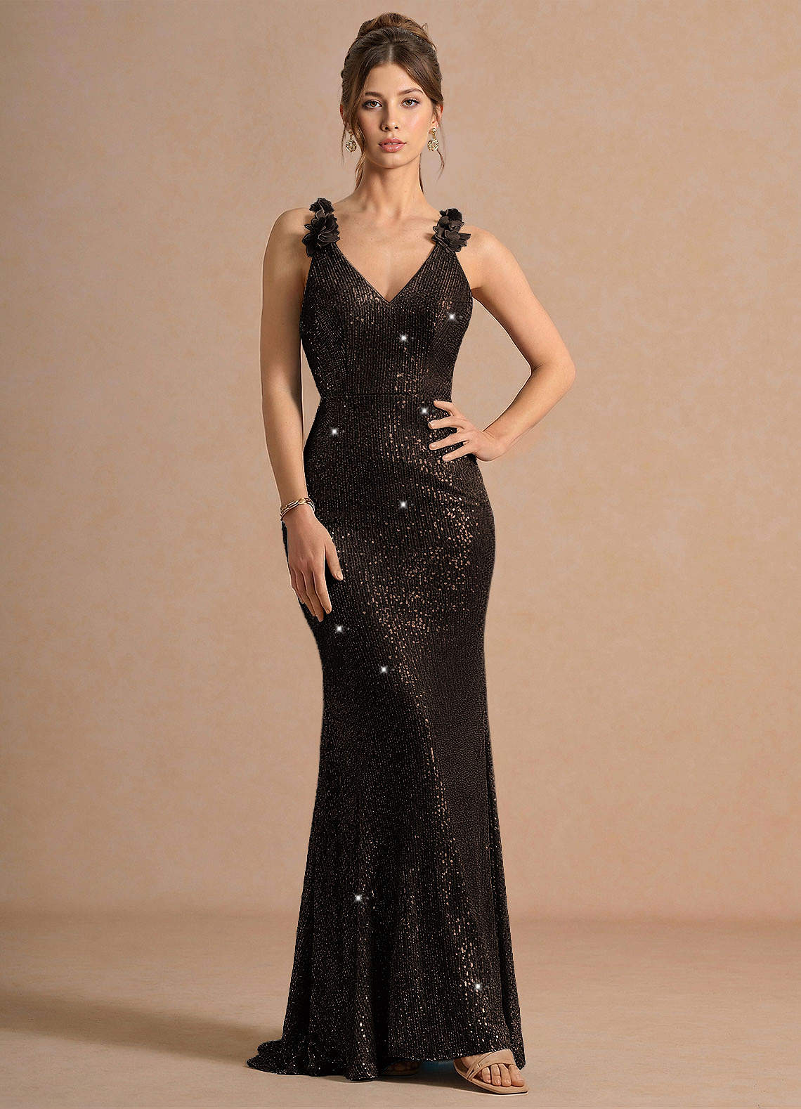 Selara Open-Back Floral Sequin Chiffon Evening Dress in Bronze
