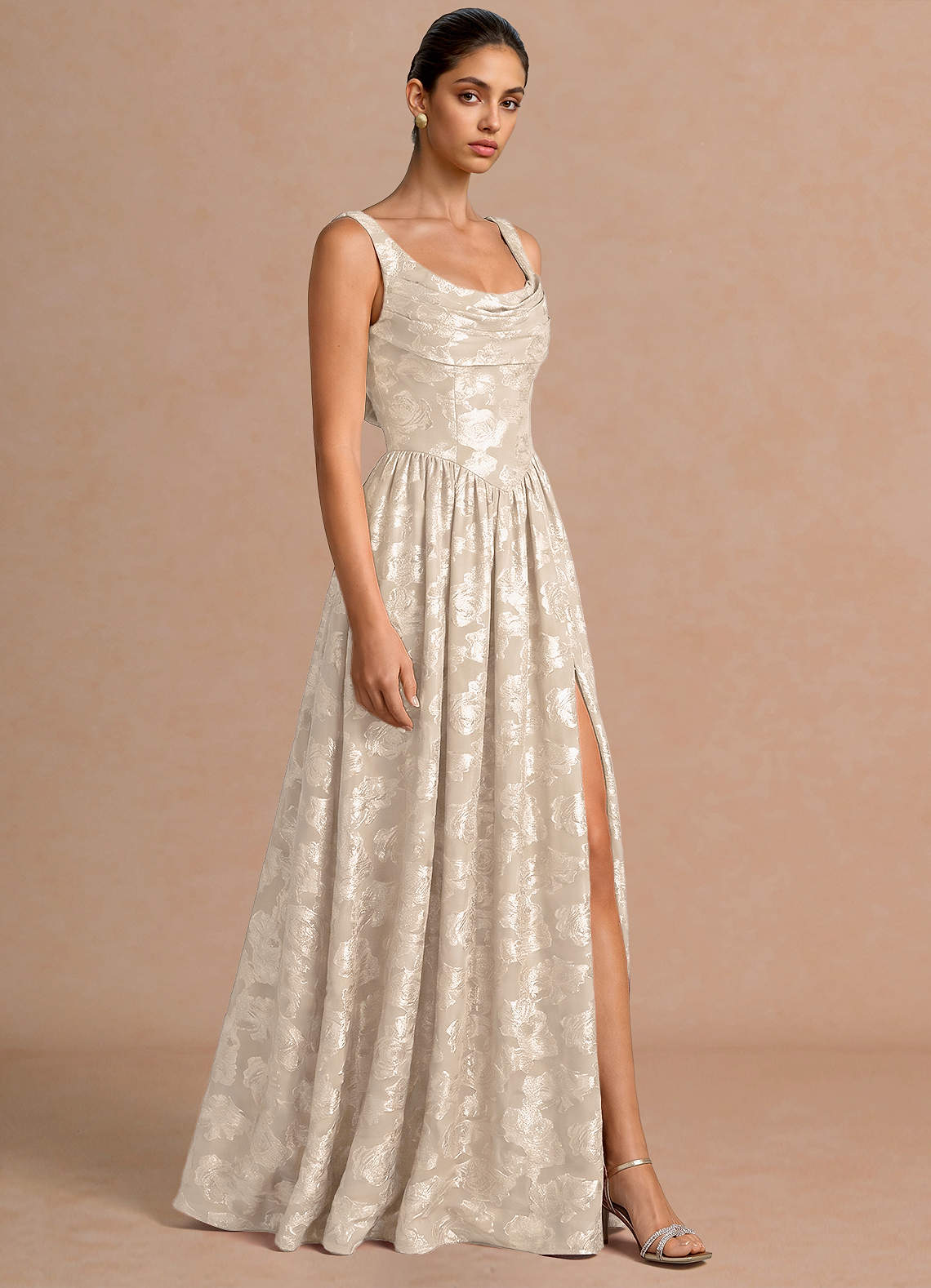 Novi A-Line Draped-Neck Floral Fil Coupé Evening Dress in Cream