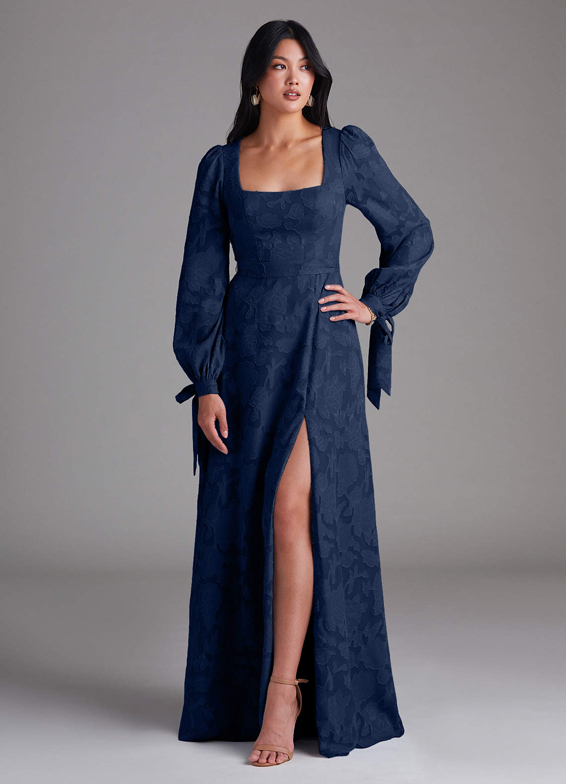 Leonia A-Line Square-Neck Stretch Satin Bridesmaid Dress in Dark Navy