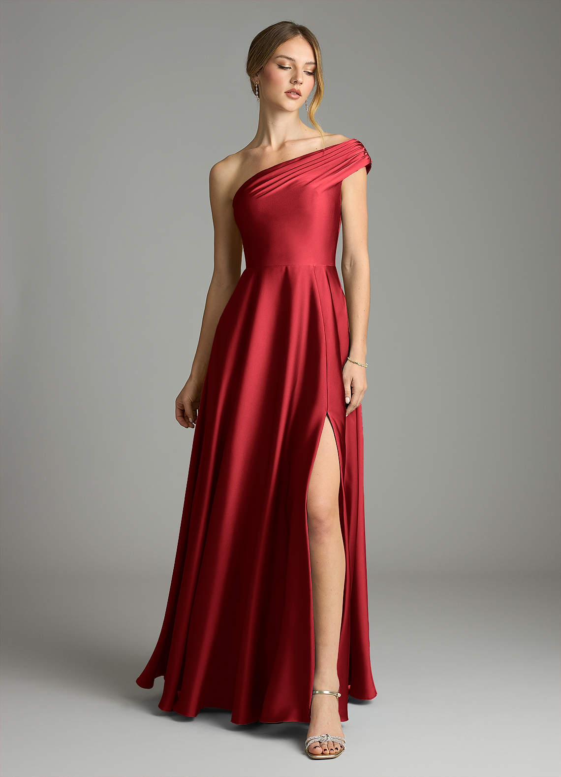 Melanie A-Line One-Shoulder Stretch Satin Bridesmaid Dress in Scarlet