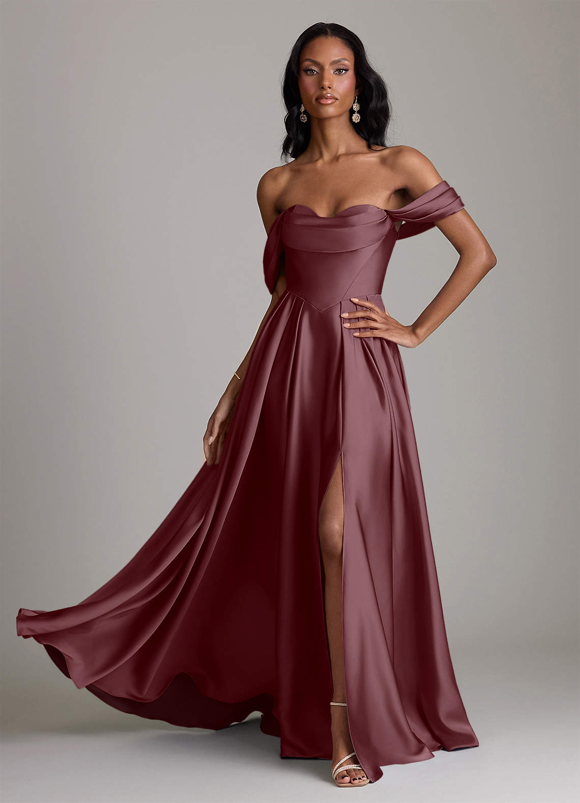 Loisa A-Line Off-the-Shoulder Stretch Satin Bridesmaid Dress in Sangria