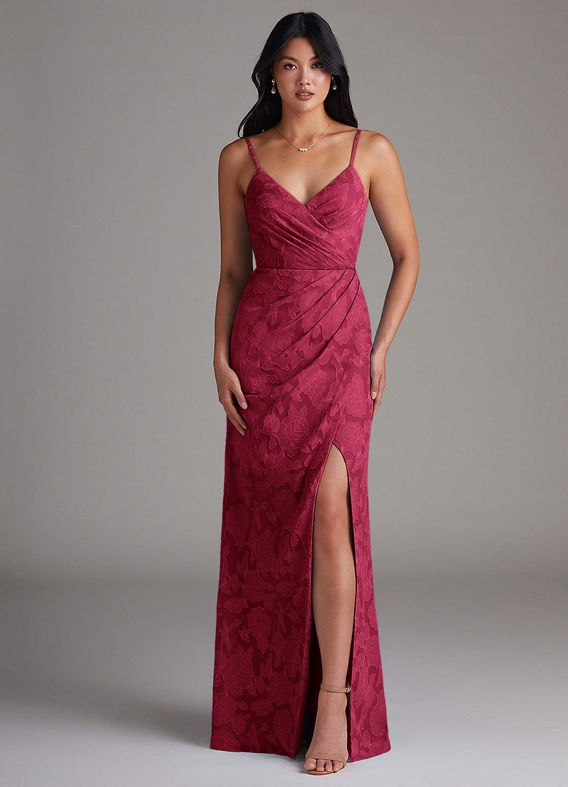 Maci Sheath V-Neck Floral Burnout Bridesmaid Dress in Burgundy