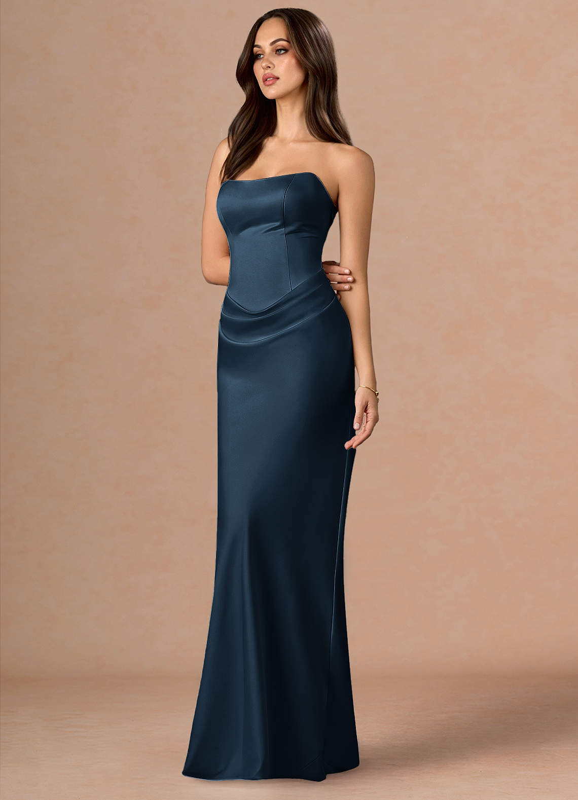Valencia Scarf Lace-Up Stretch Satin Evening Dress in Navy