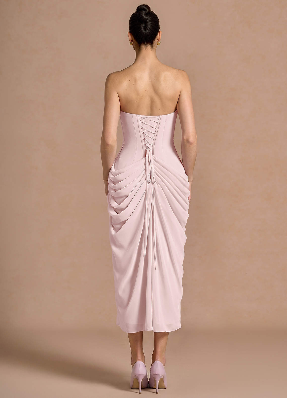 Kaavia Column Pleated Chiffon Midi Evening Dress in Powder Pink