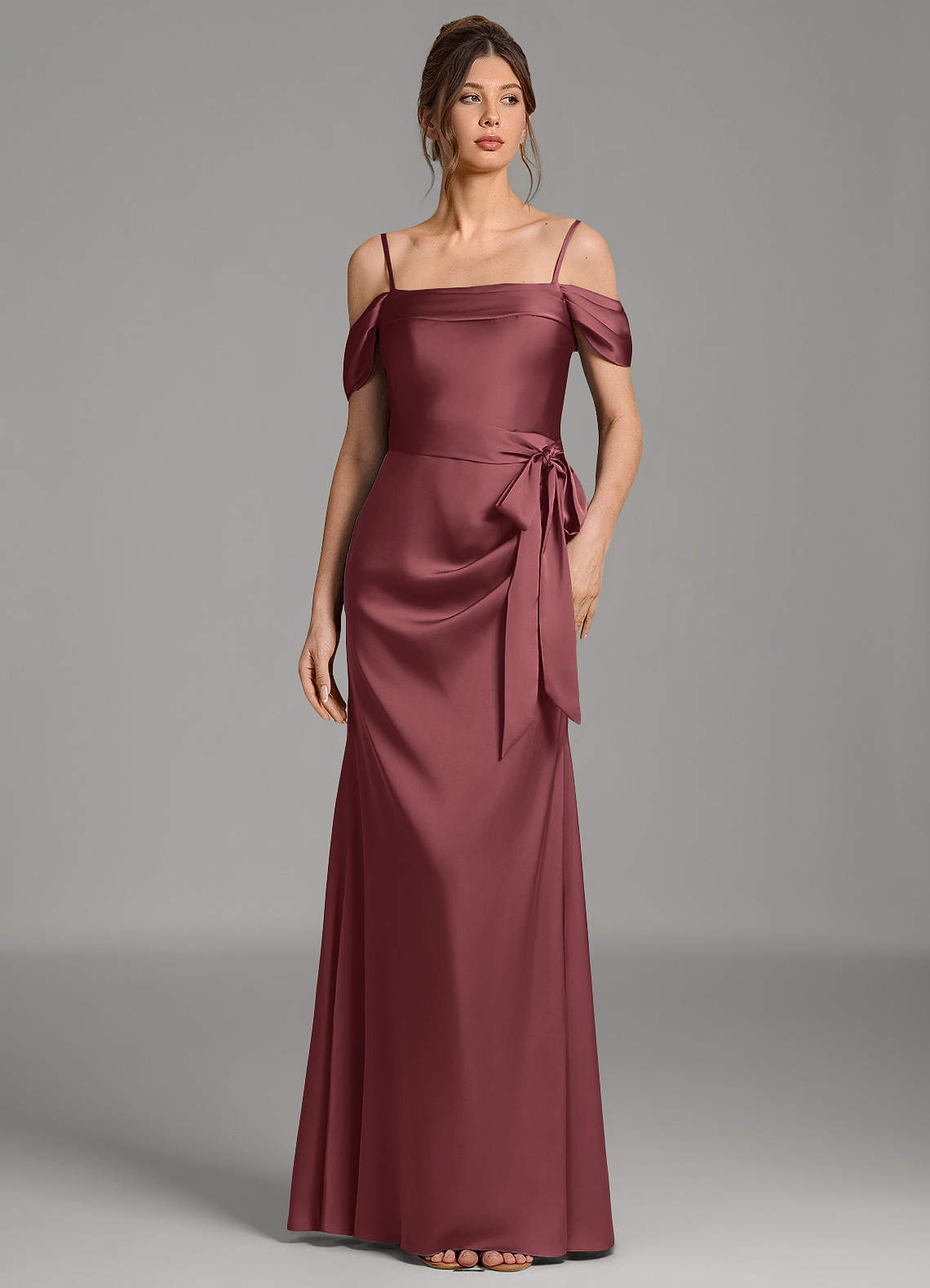 Wyatt Mermaid Off-the-Shoulder Stretch Satin Bridesmaid Dress in Merlot