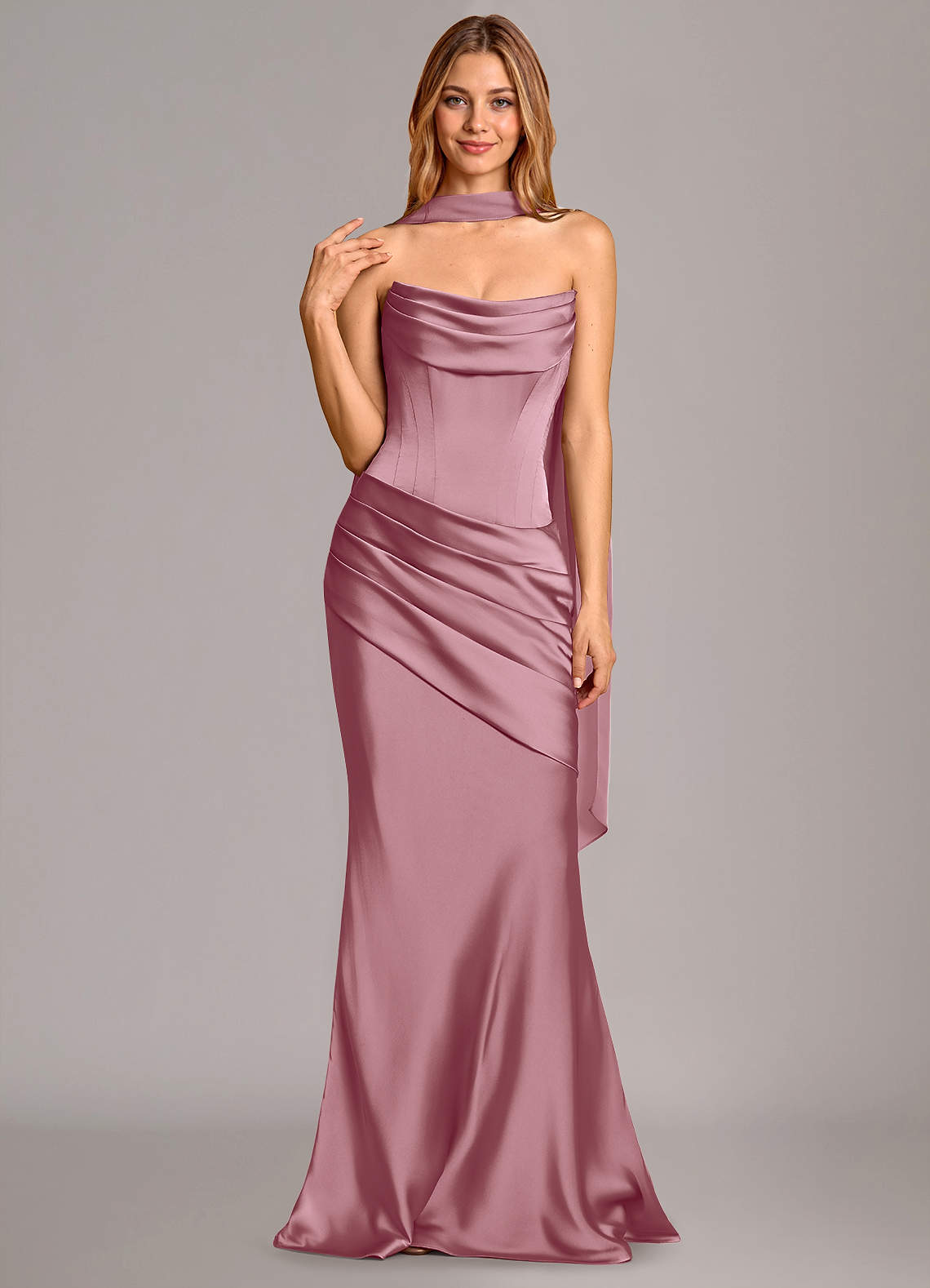 Pelagia Mermaid Cowl-Neck Stretch Satin Bridesmaid Dress in Vintage Mauve