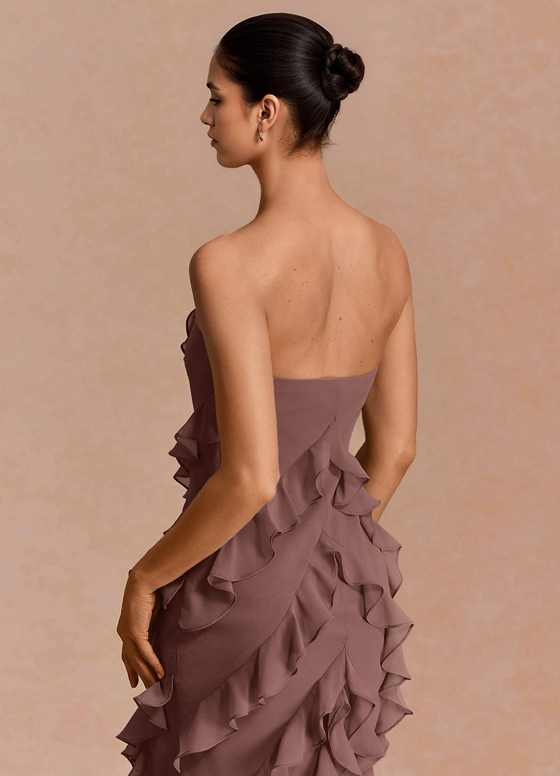Eira A-Line Ruffle Chiffon Evening Dress in Mocha Coco