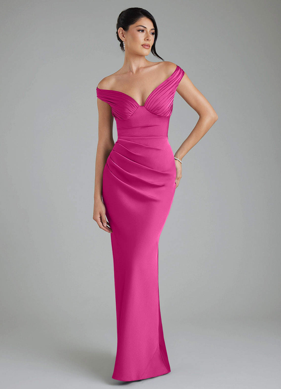 Stella Sheath V-Neck Stretch Satin Bridesmaid Dress in Fuchsia